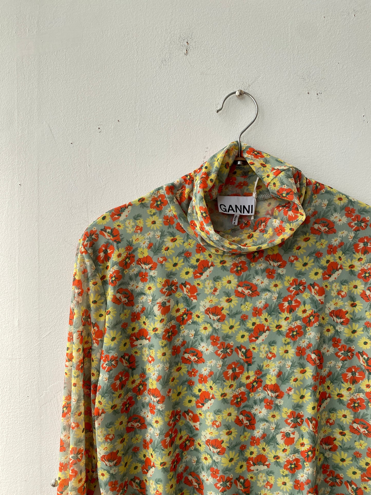 Ganni floral printed mesh shirt
