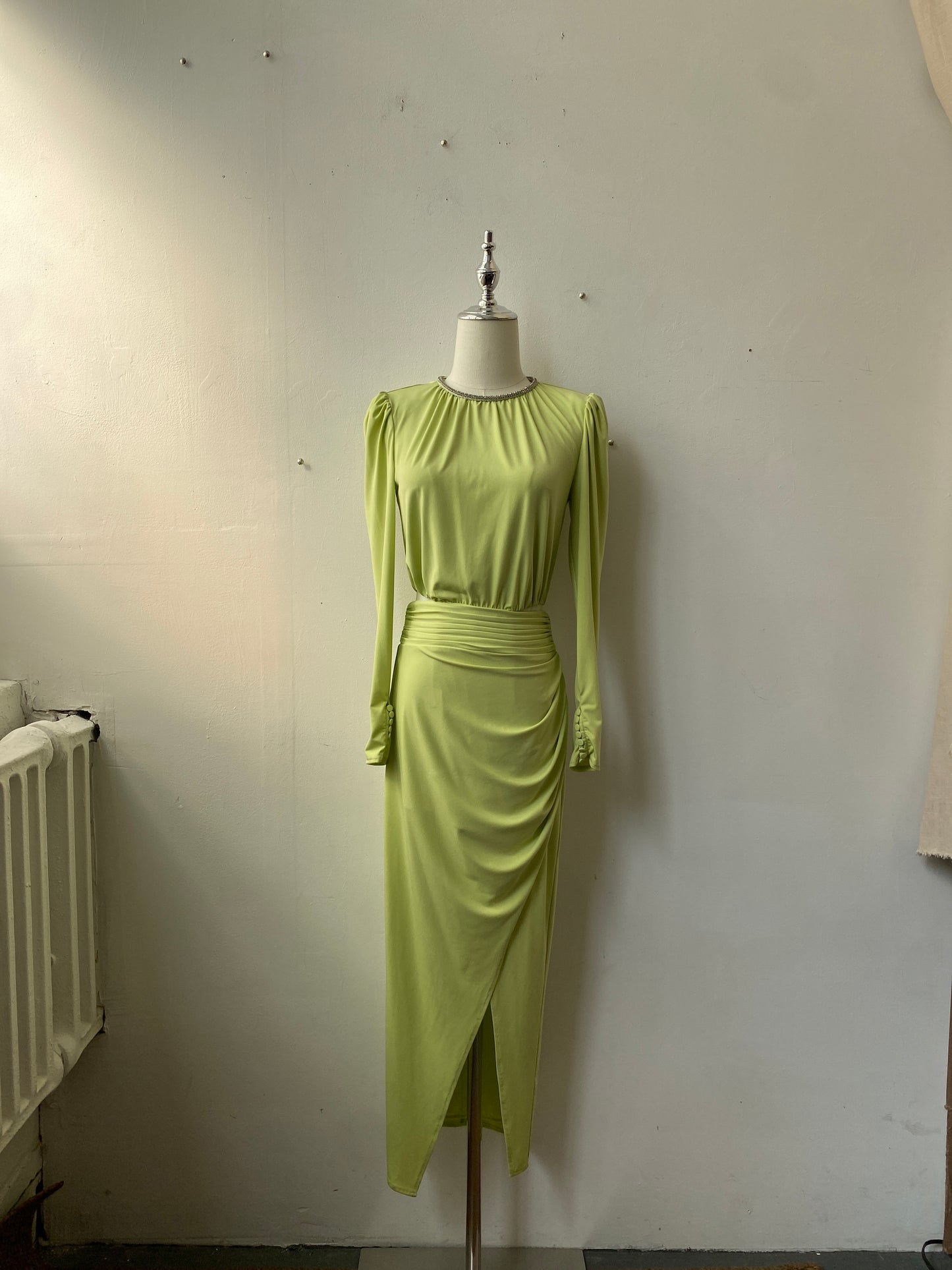 Self-portrait Lime Green Crystal-Embellished Cutout Ruched Stretch-Jersey Midi Dress