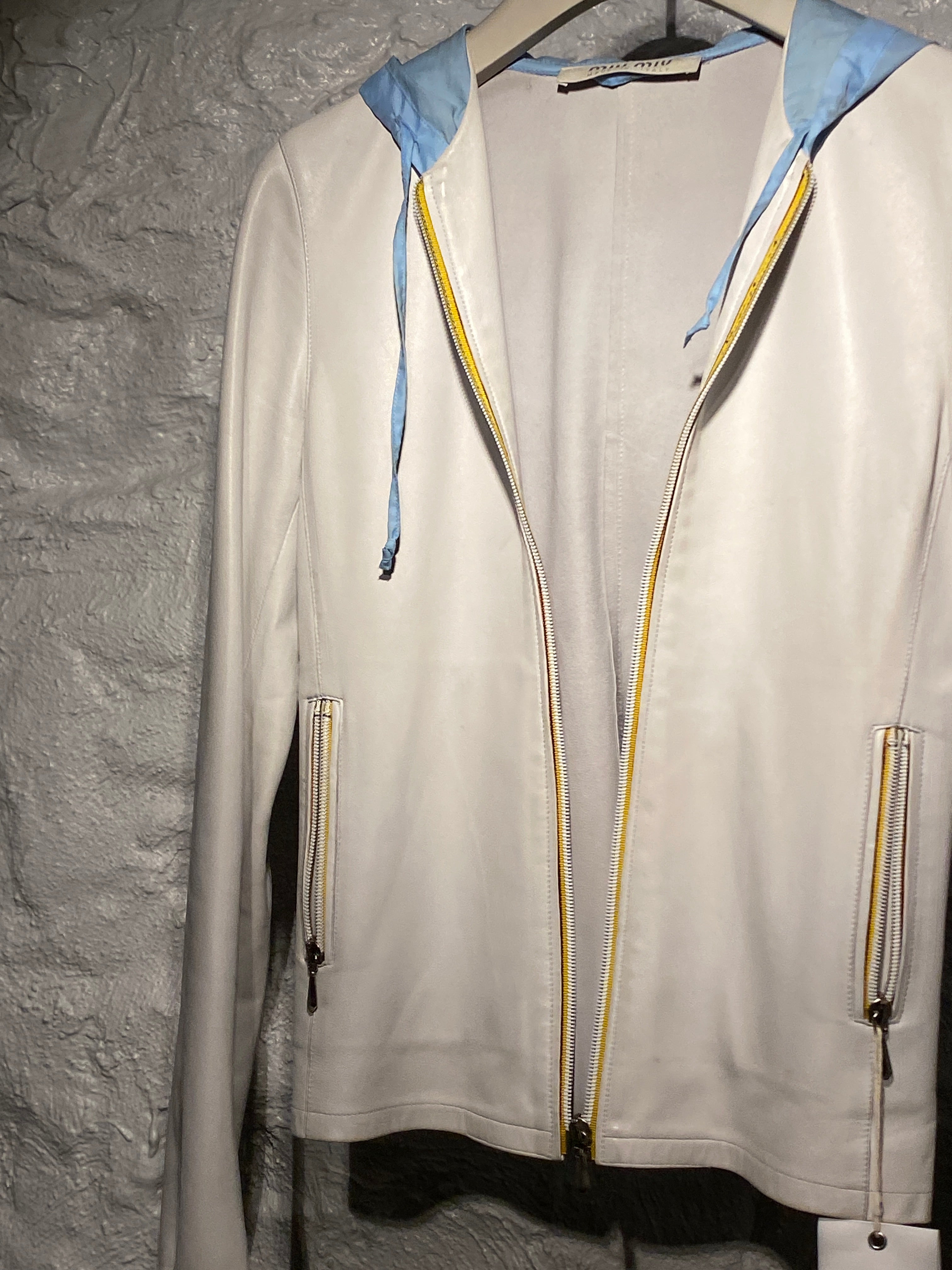 Miu Miu 2000s White Lambskin Leather with Blue Hood Zipper Jacket