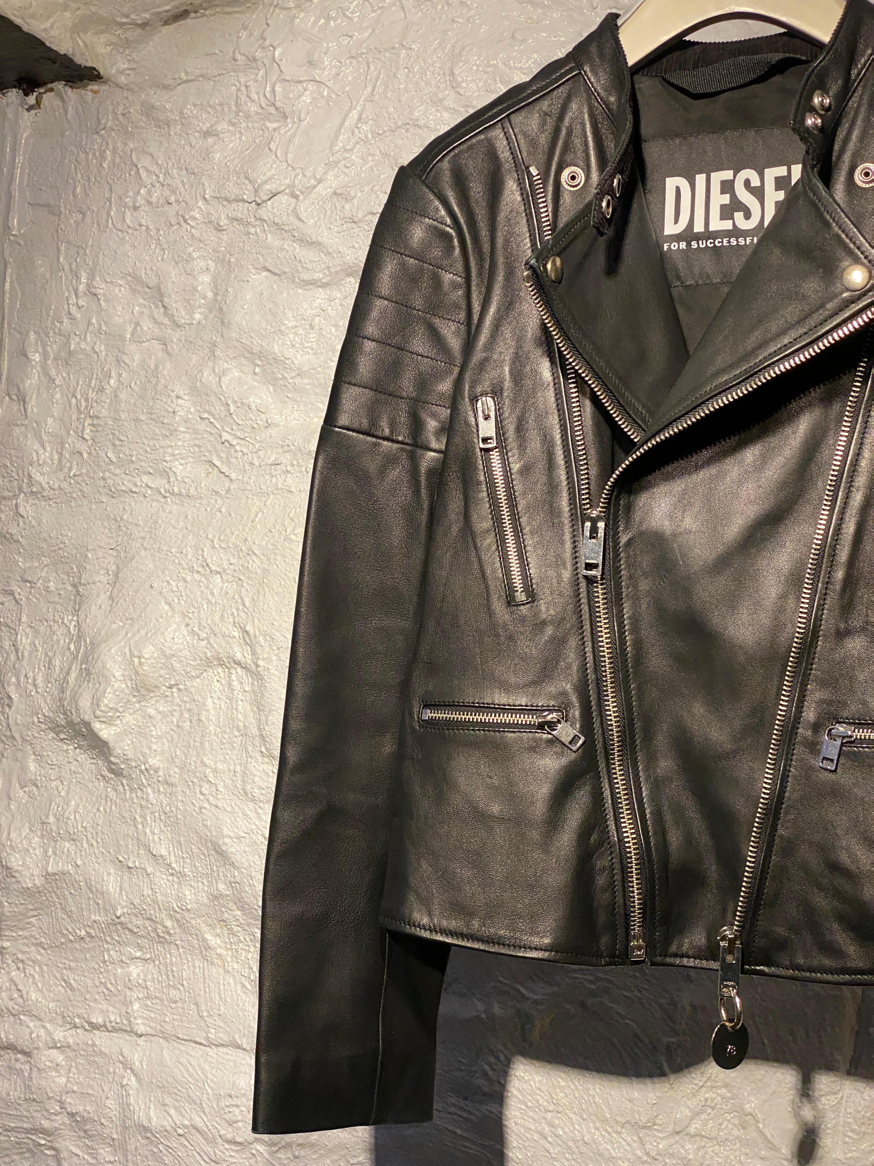 Diesel Black Lambskin Leather Zipper Jacket with Metal Rings in Back