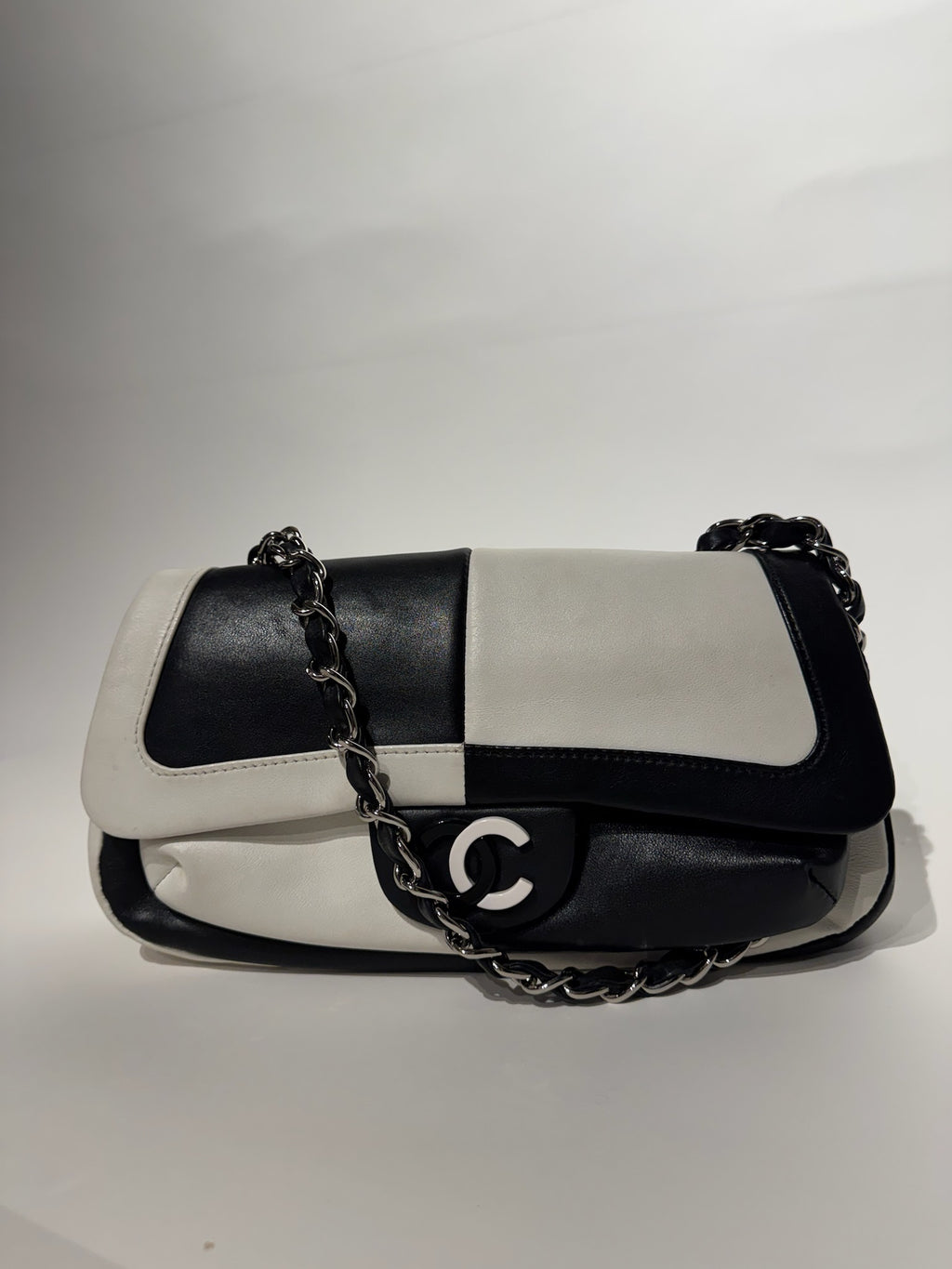 Chanel Black and White Leather Chain Shoulder Bag