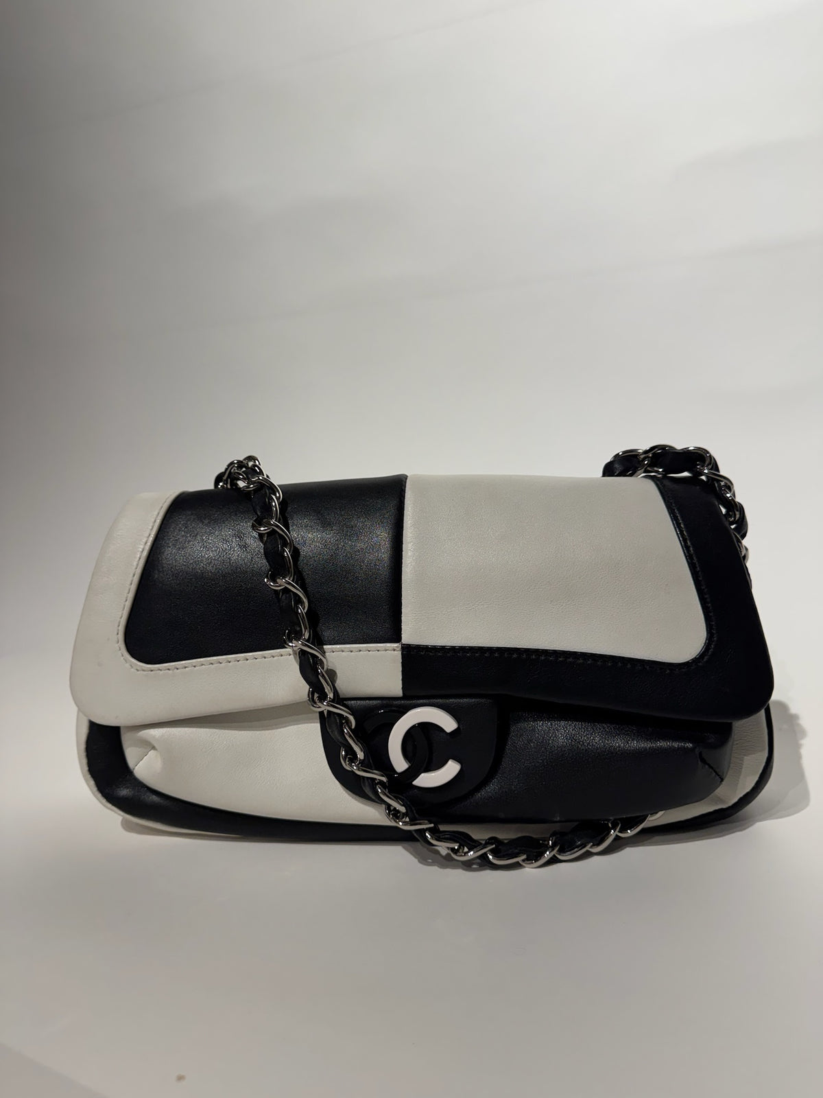 Chanel Black and White Leather Chain Shoulder Bag