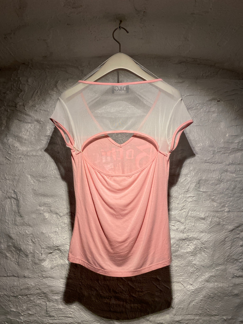 Dolce & Gabbana Pink and White Typographic Mesh Shoulder Open Back Top