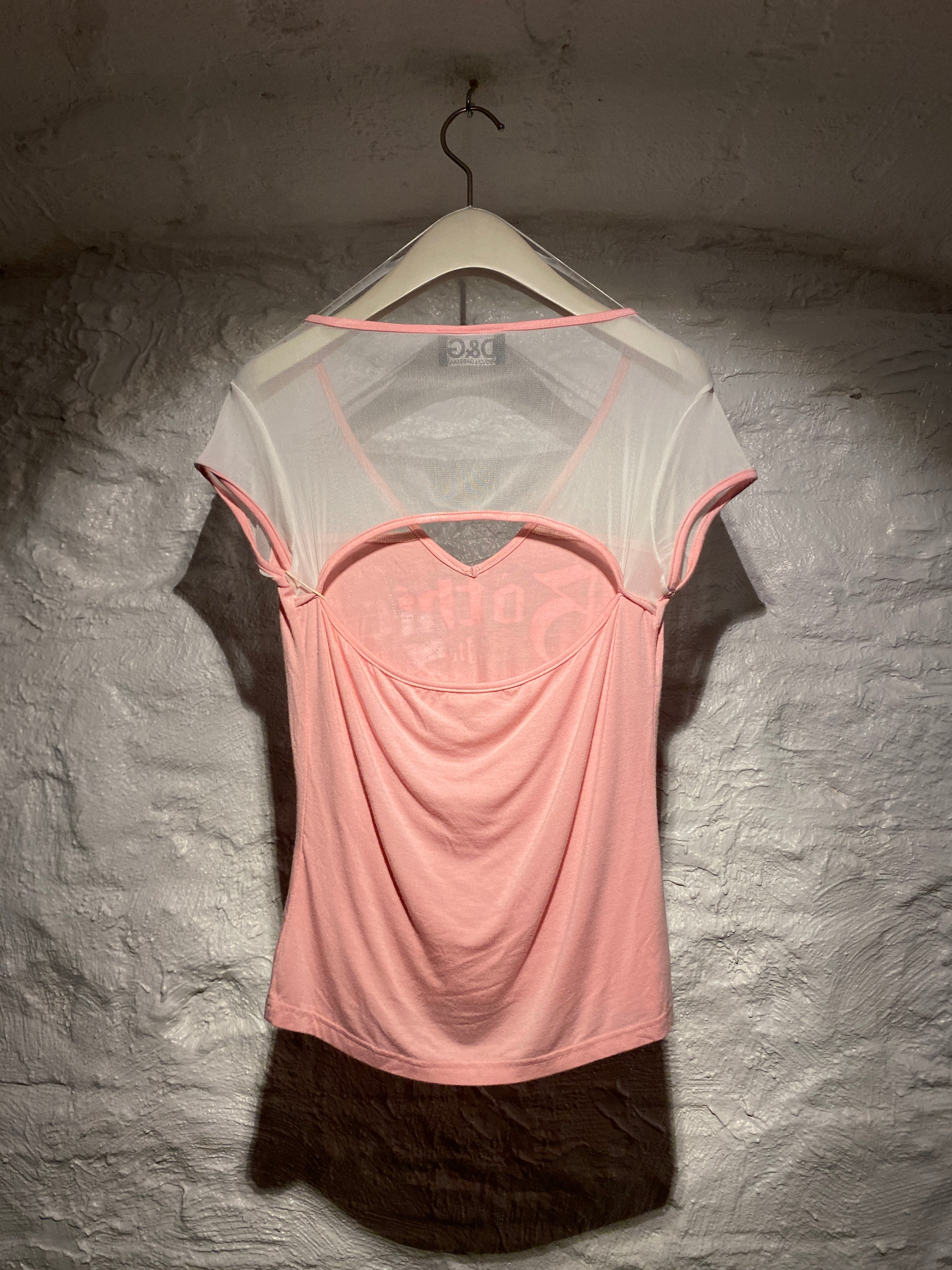 Dolce & Gabbana Pink and White Typographic Mesh Shoulder Open Back Top