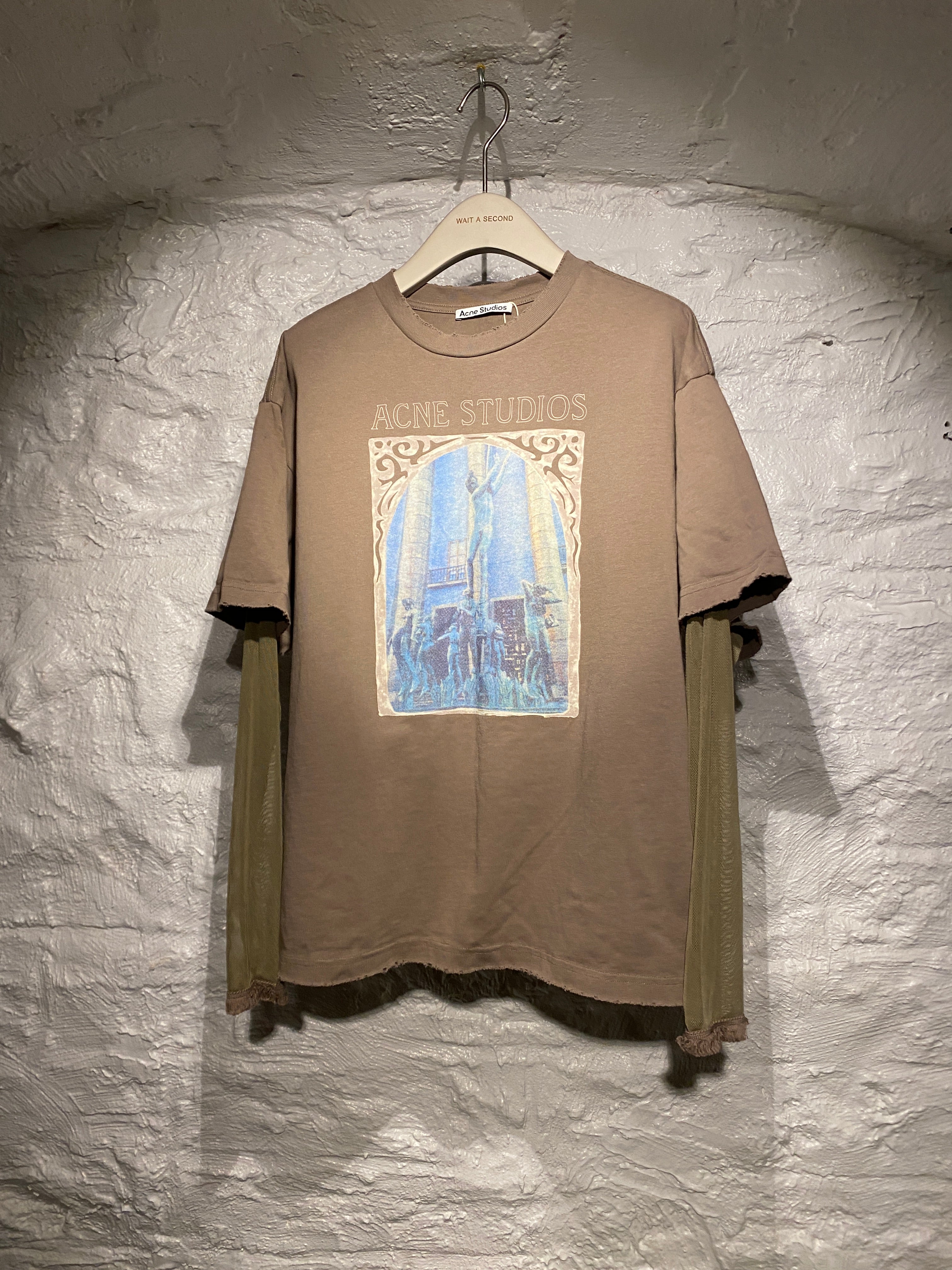 Acne Studios	Beige Sheer Nylon Mesh Layered Print T-shirt