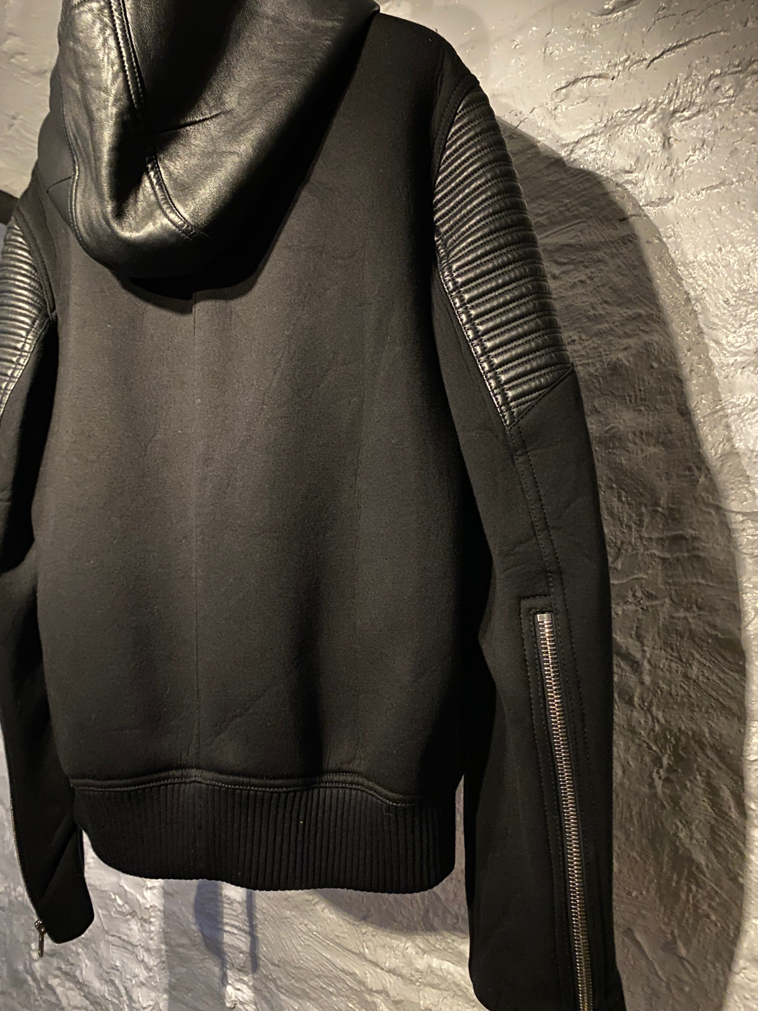 Givenchy Black Leather Hooded Neoprene Biker Jacket