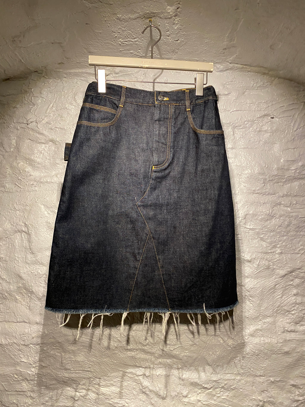 Bottega Veneta Dark Blue Raw Edges Denim Midi Skirt