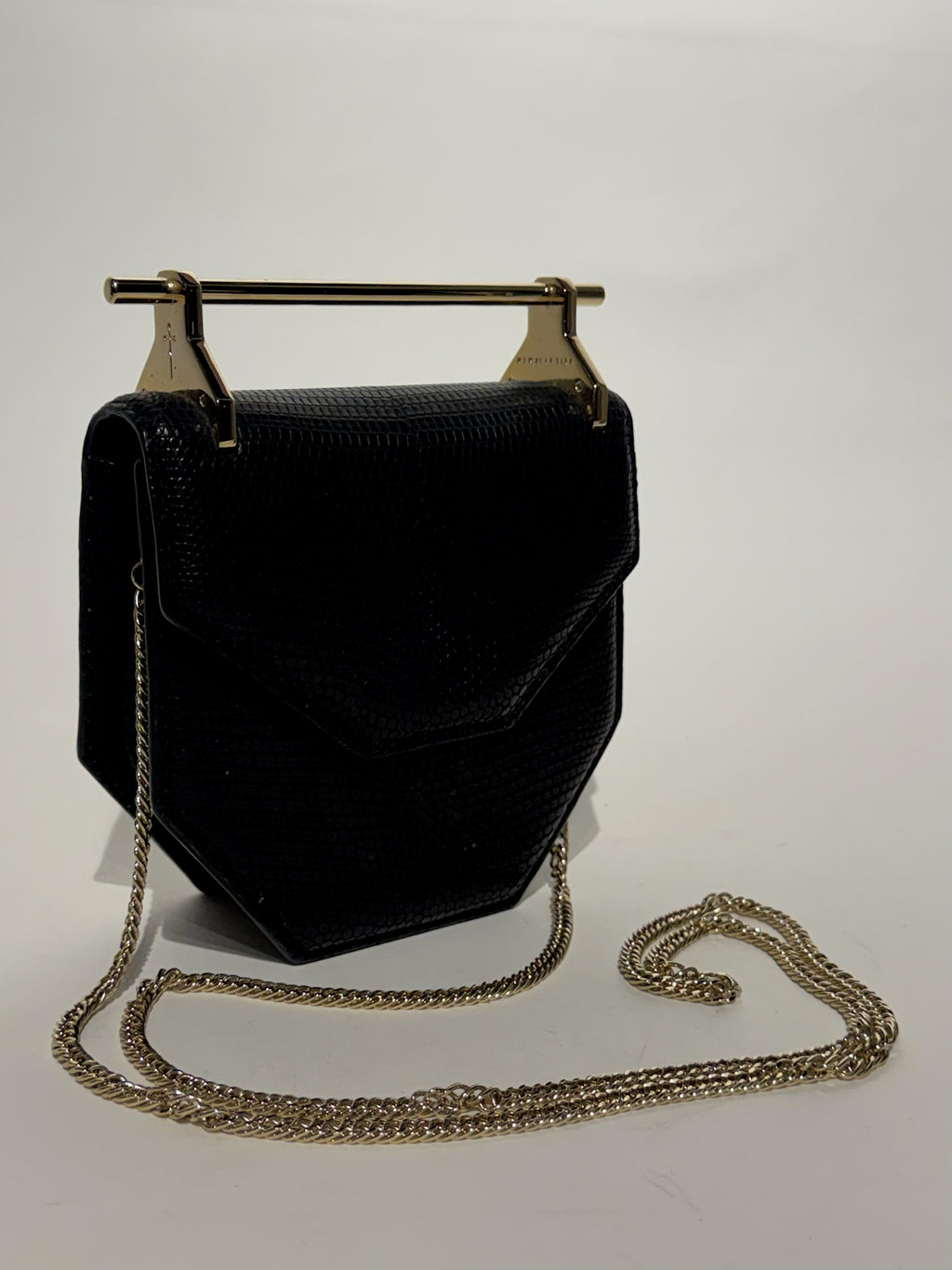 M2malletier Black Lizard Leather Briefcase Gold Handle Chain Crossbody Bag