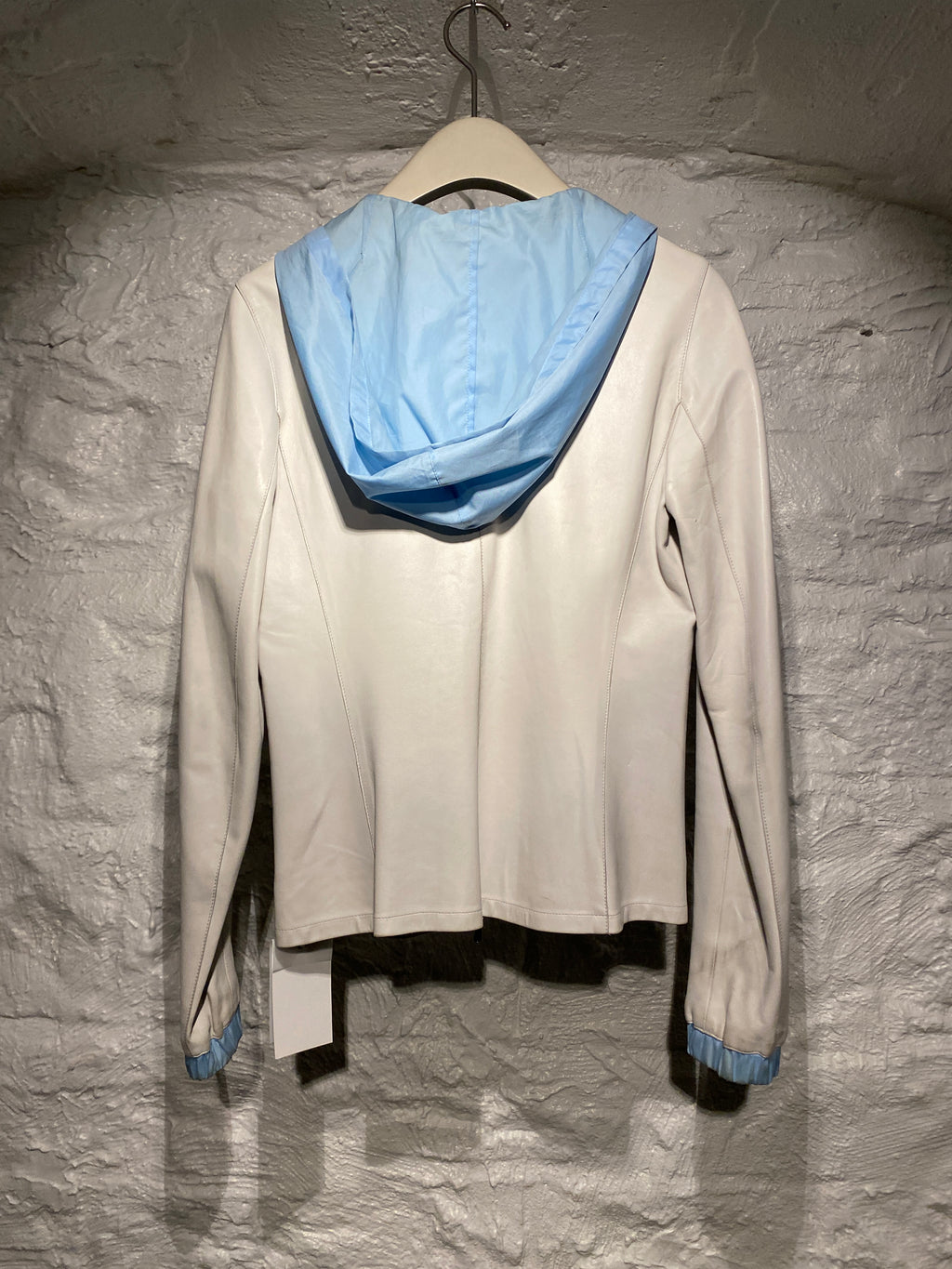Miu Miu 2000s White Lambskin Leather with Blue Hood Zipper Jacket