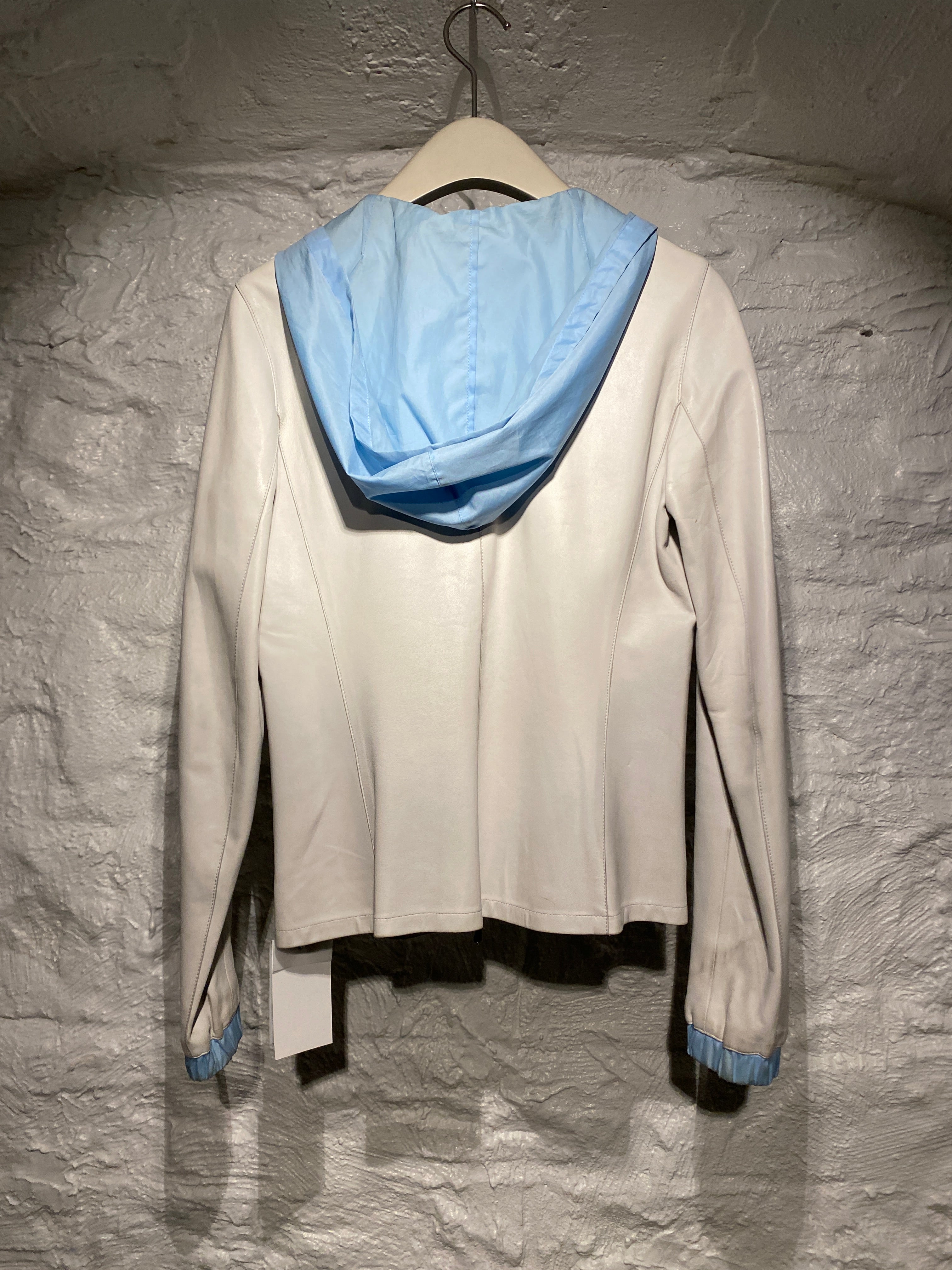 Miu Miu 2000s White Lambskin Leather with Blue Hood Zipper Jacket