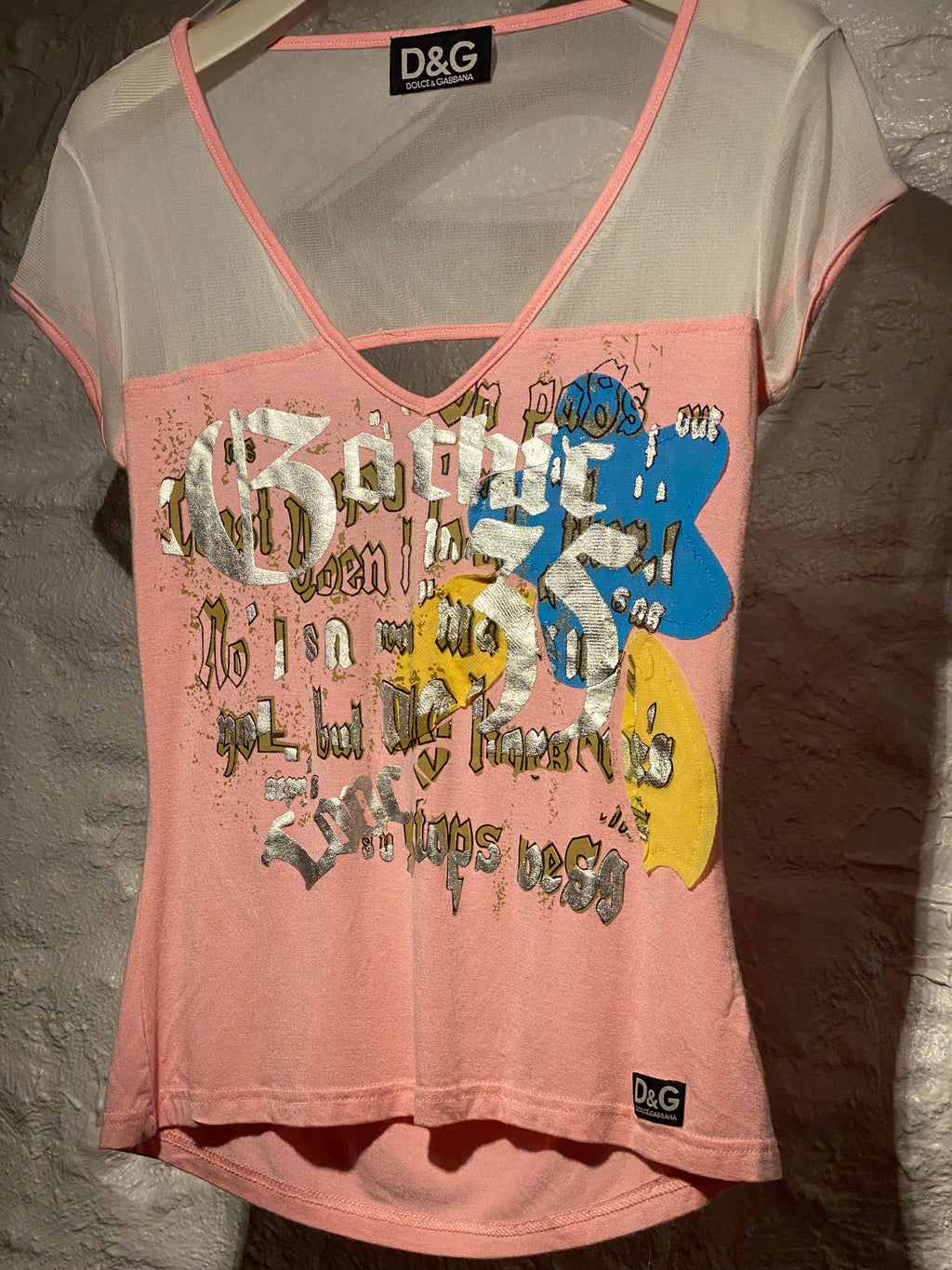 Dolce & Gabbana Pink and White Typographic Mesh Shoulder Open Back Top