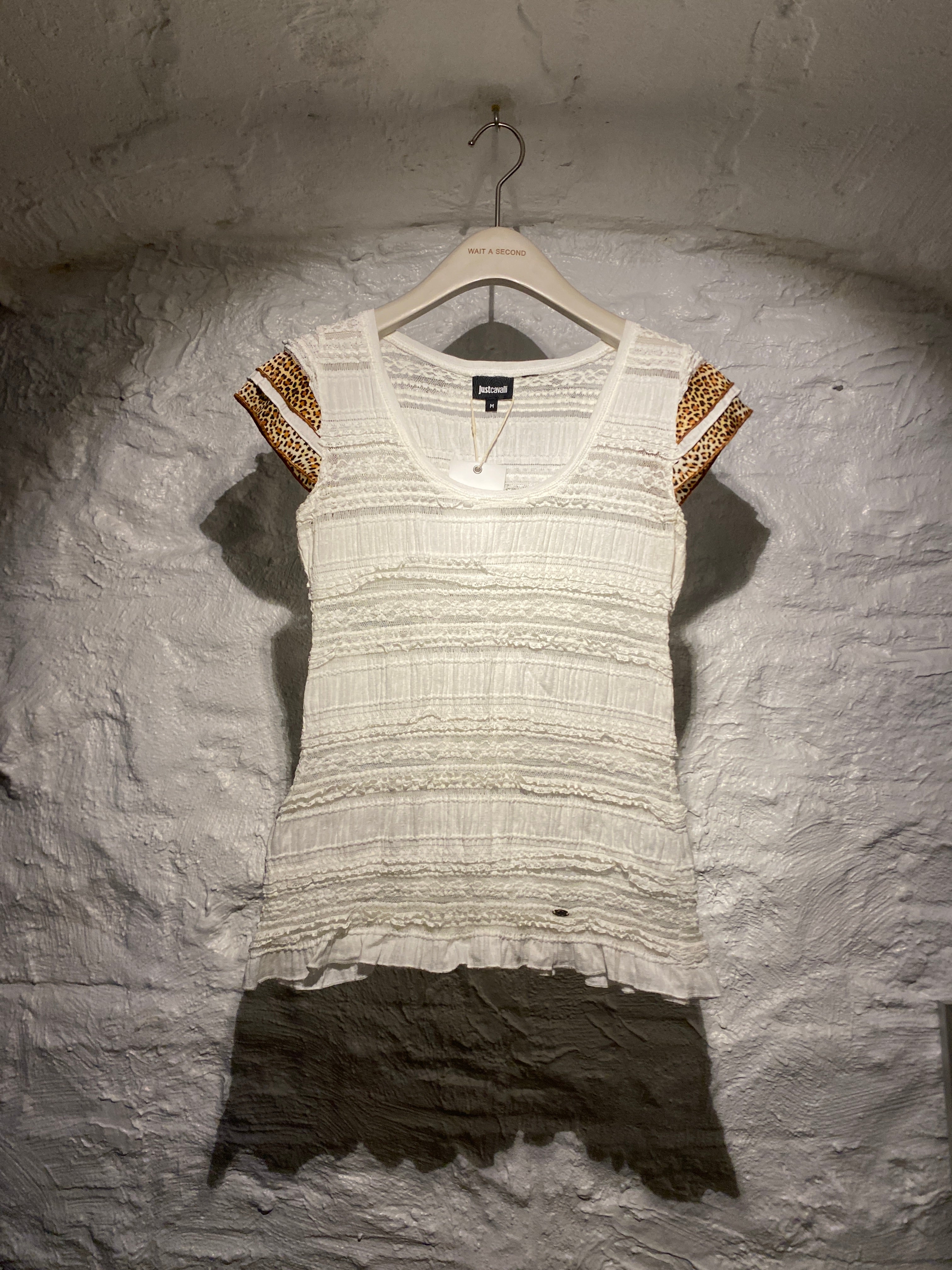 Just Cavalli White Lace Leopard Panelled Top