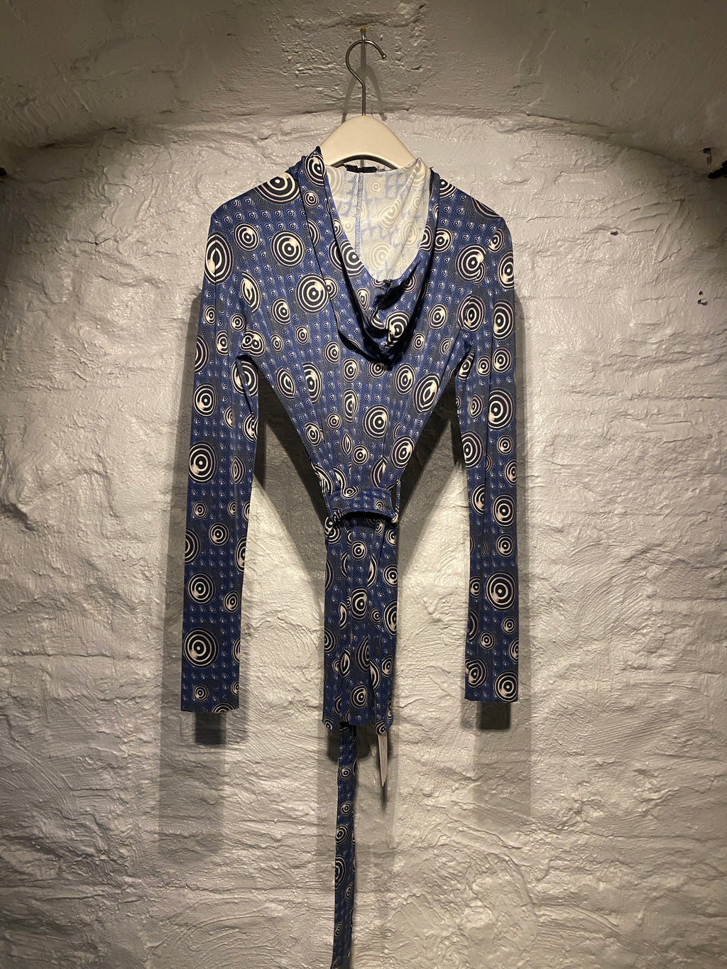 Jean Paul Gaultier 1996 Blue and Black Dots Spiral Print Belt Hood Dress
