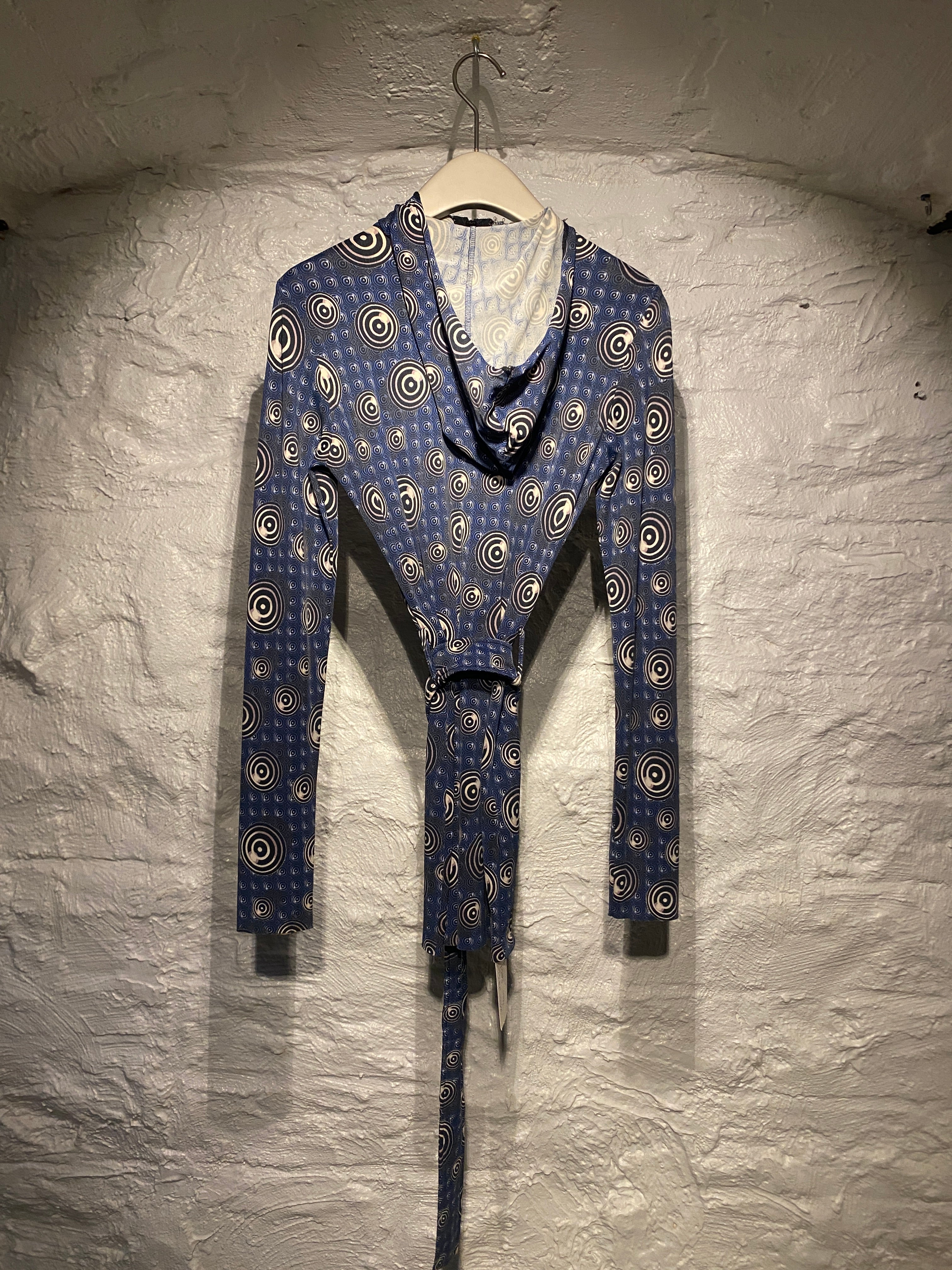 Jean Paul Gaultier 1996 Blue and Black Dots Spiral Print Belt Hood Dress