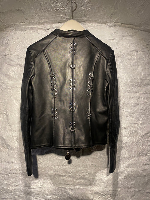 Diesel Black Lambskin Leather Zipper Jacket with Metal Rings in Back