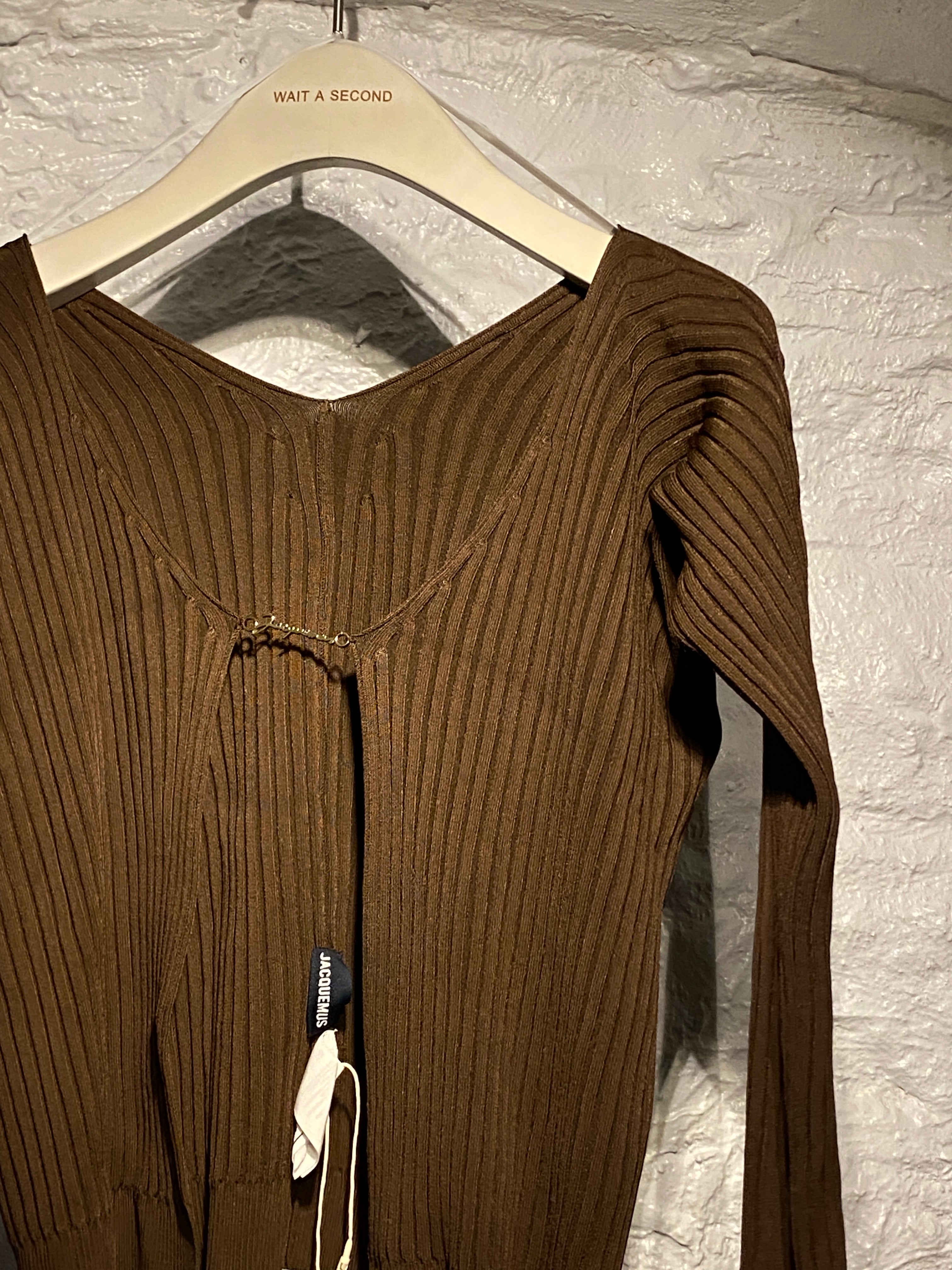 Jacquemus Chocolate Brown Rib Knit Stretch Open Front Cardigan