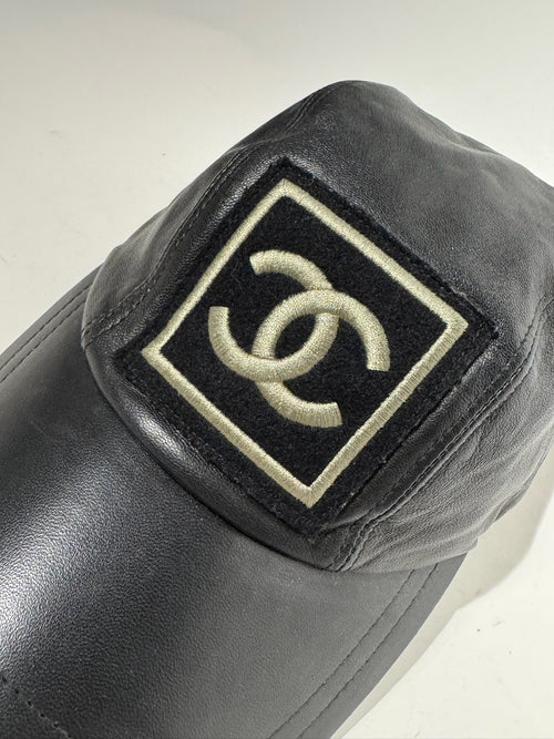 Chanel Black with Gold Yellow Logo Lambskin Hat