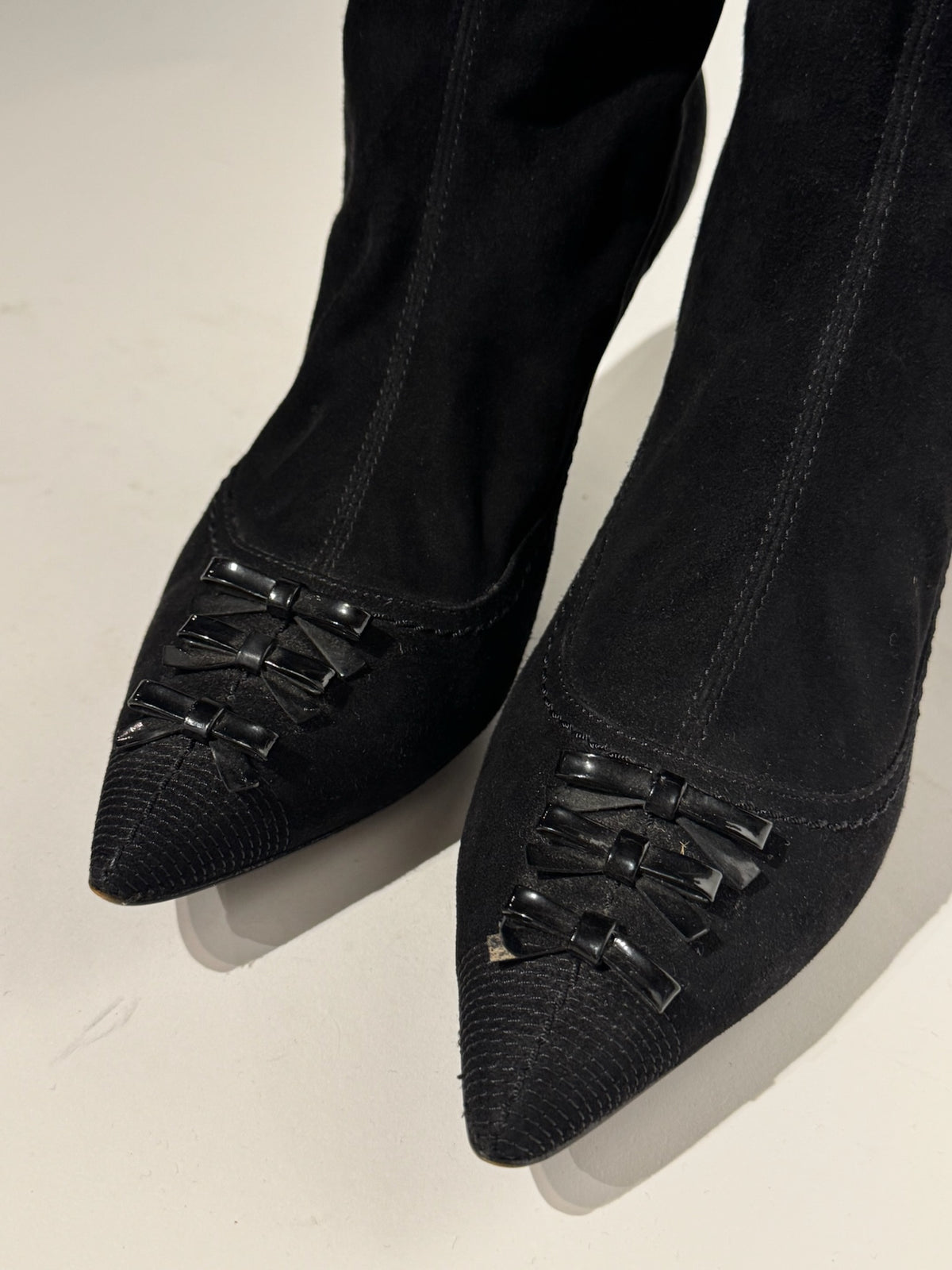 Louis Vuitton Black Suede with Bows Pointed Tall Boots Size 38