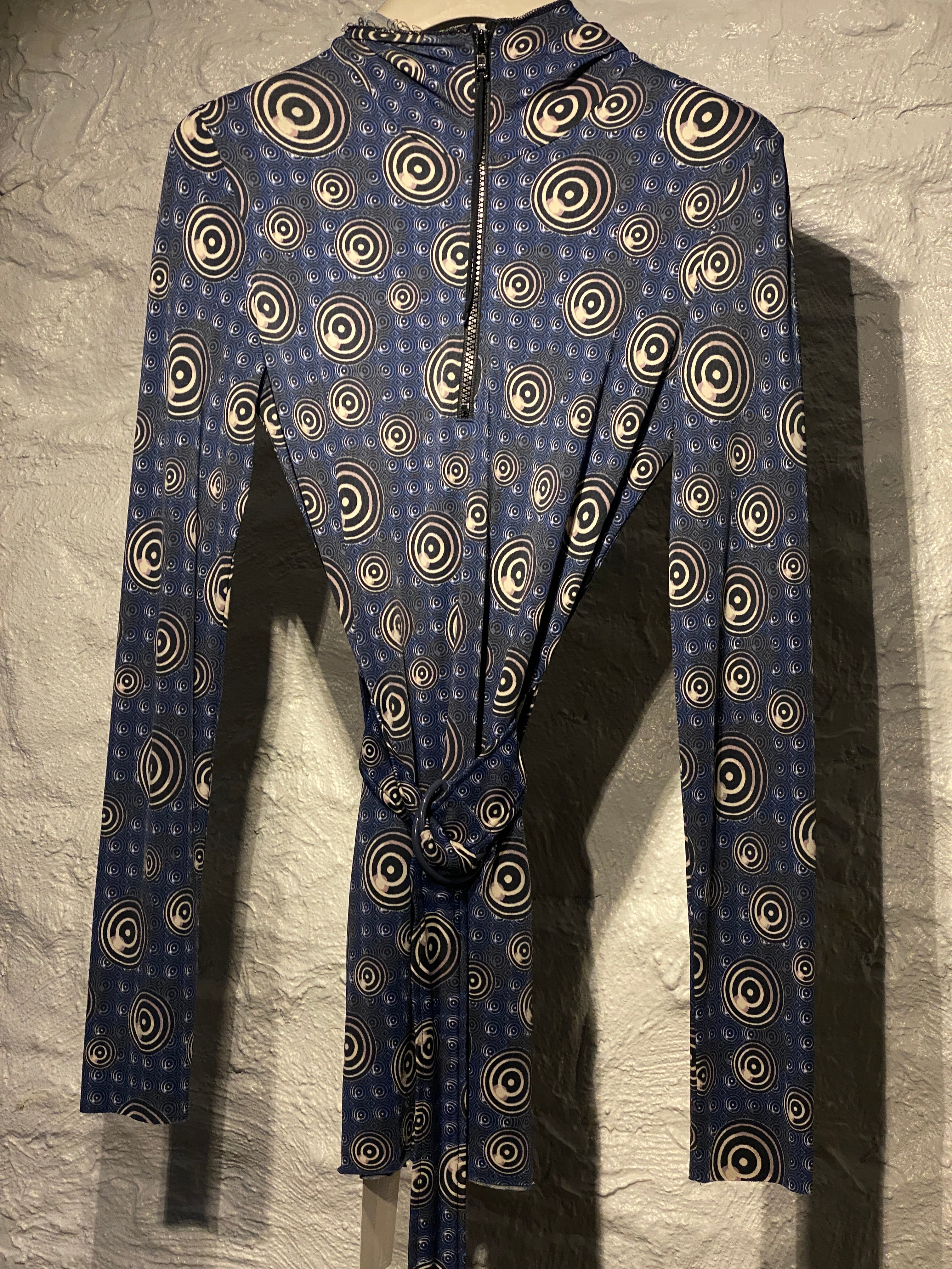 Jean Paul Gaultier 1996 Blue and Black Dots Spiral Print Belt Hood Dress