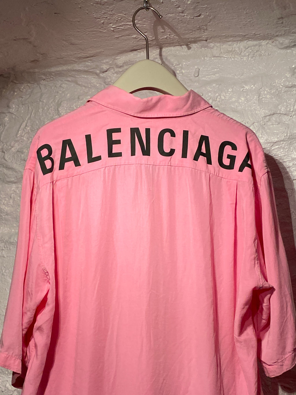 Balenciaga Pink Logo Back Button-Up Short-Sleeve Shirt