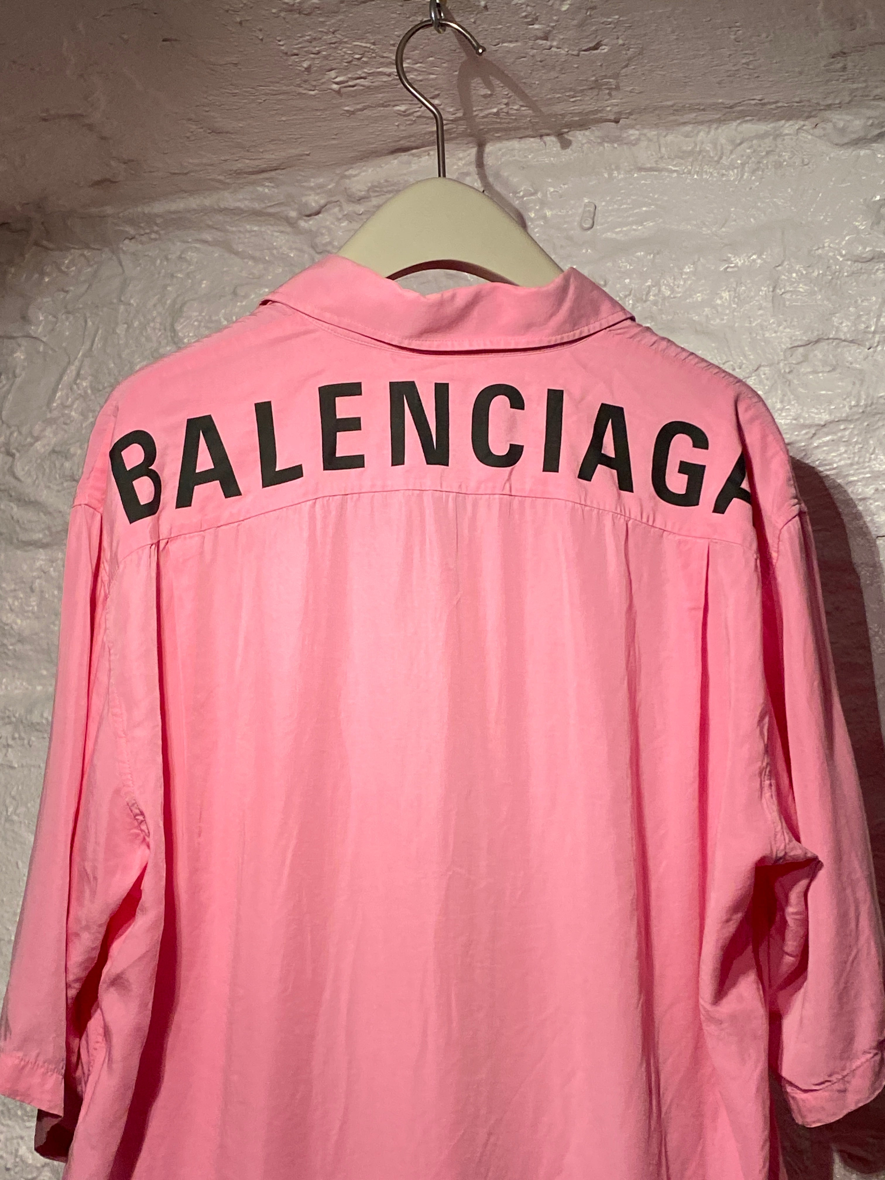 Balenciaga Pink Logo Back Button-Up Short-Sleeve Shirt