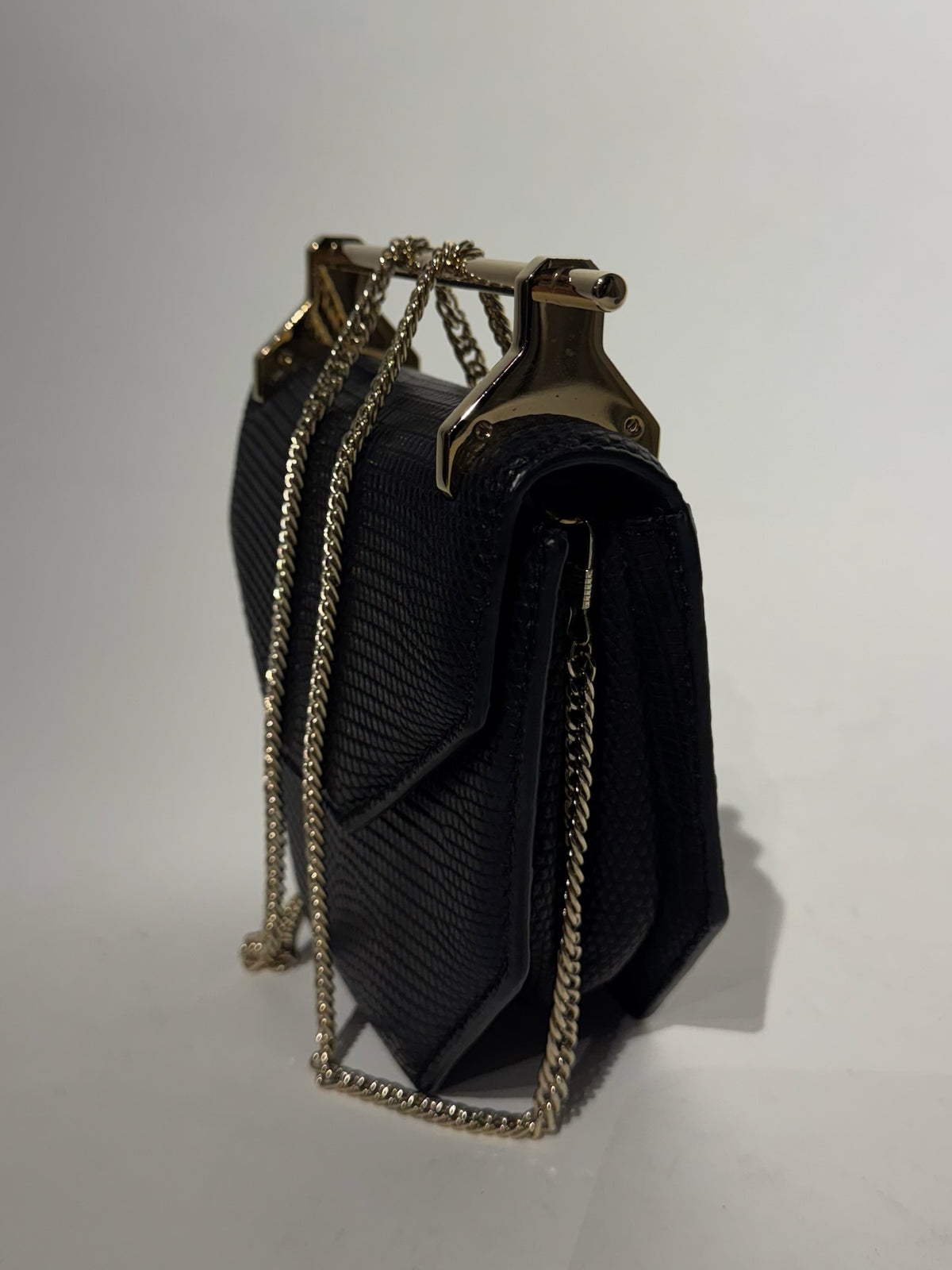 M2malletier Black Lizard Leather Briefcase Gold Handle Chain Crossbody Bag