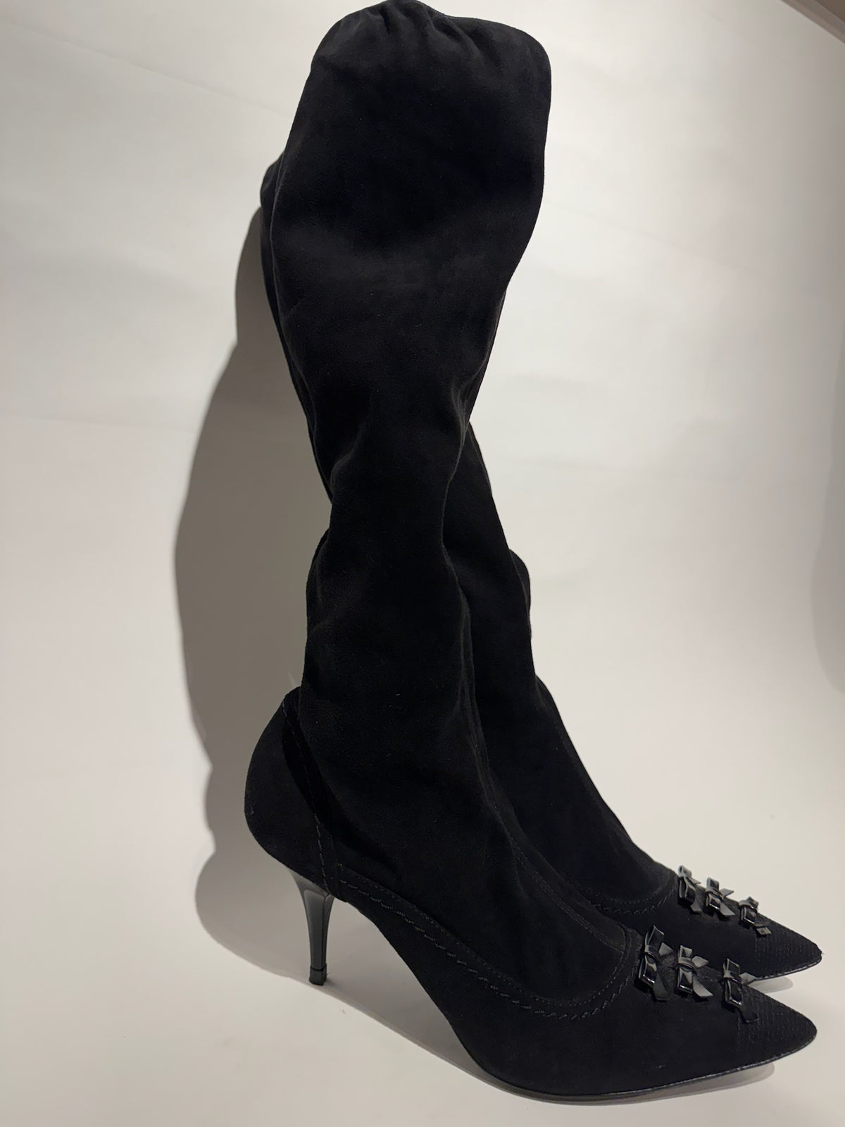 Louis Vuitton Black Suede with Bows Pointed Tall Boots Size 38