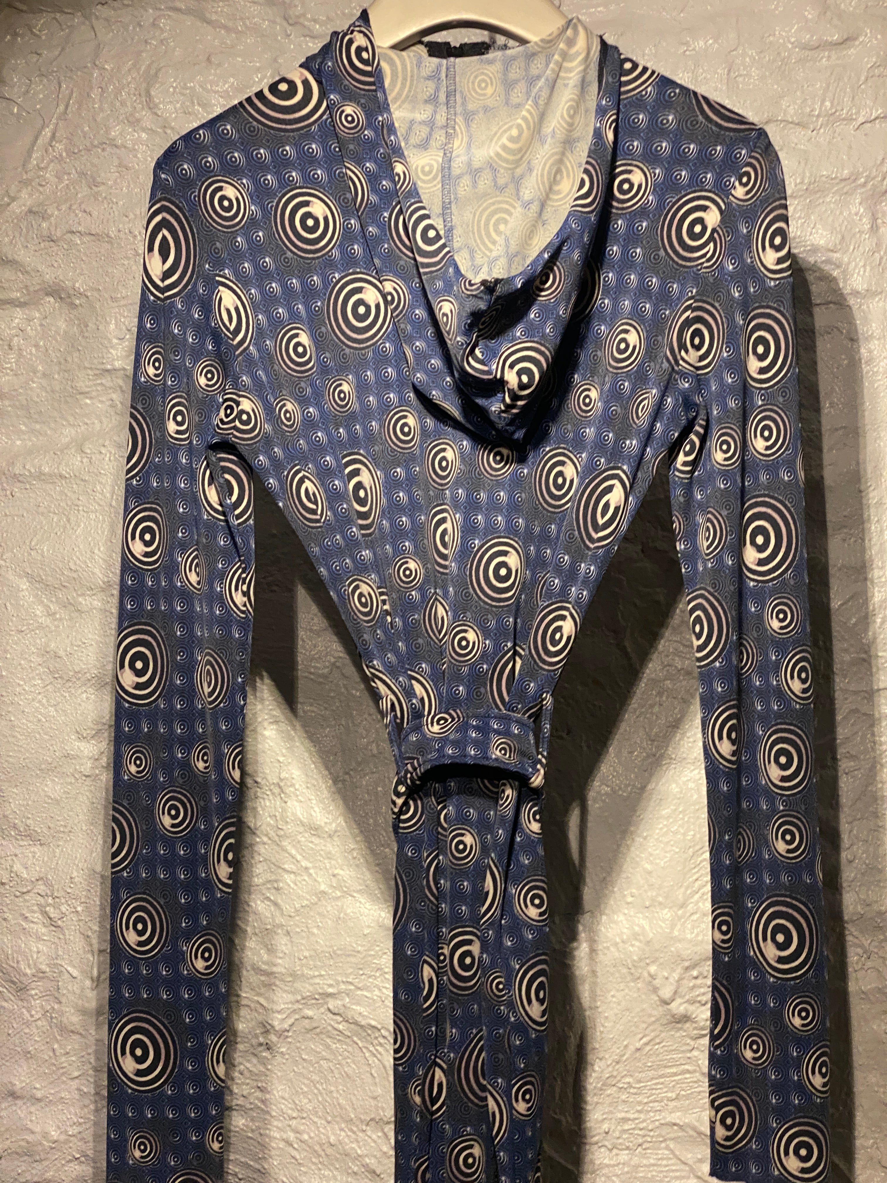 Jean Paul Gaultier 1996 Blue and Black Dots Spiral Print Belt Hood Dress