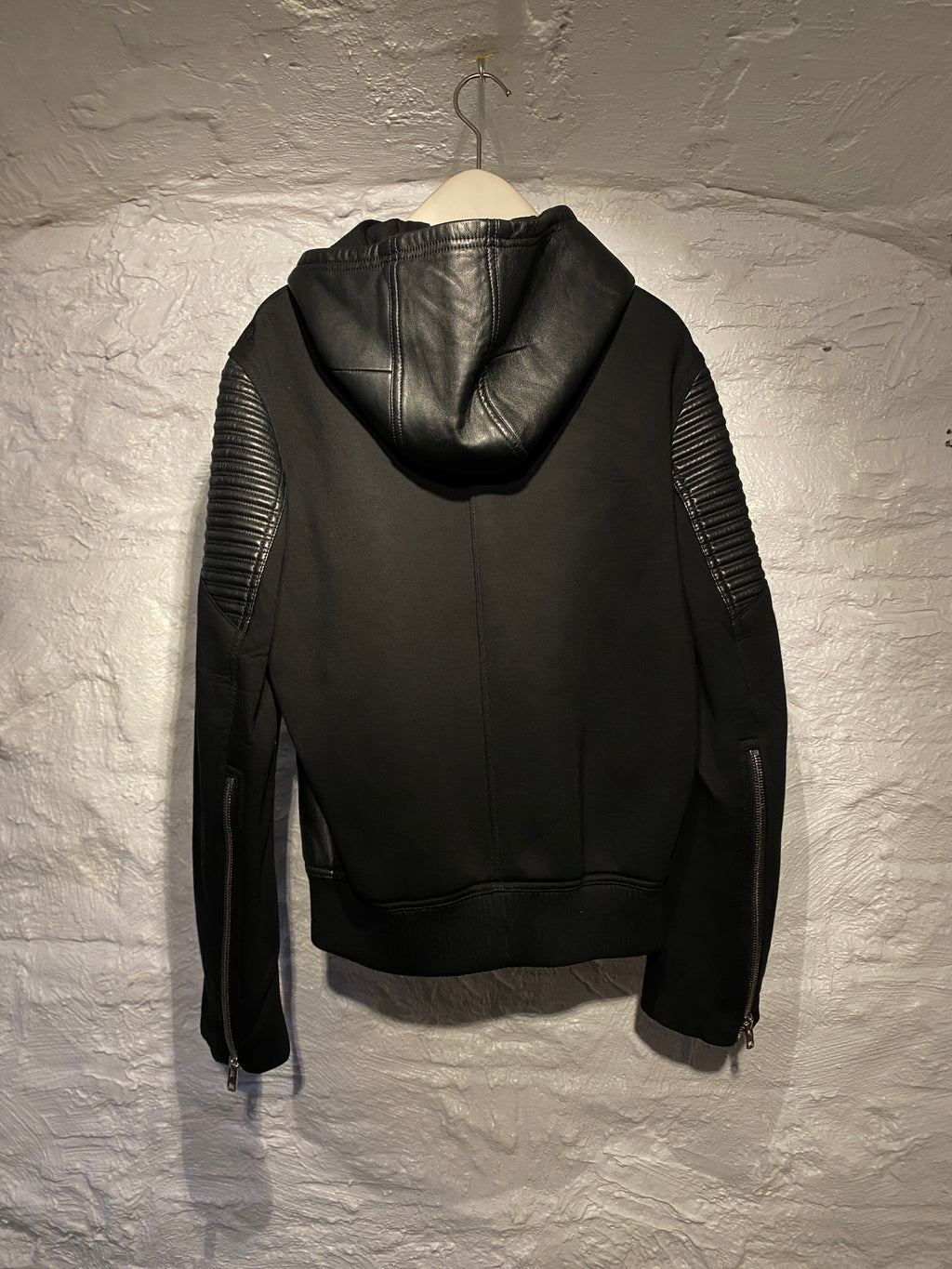 Givenchy Black Leather Hooded Neoprene Biker Jacket