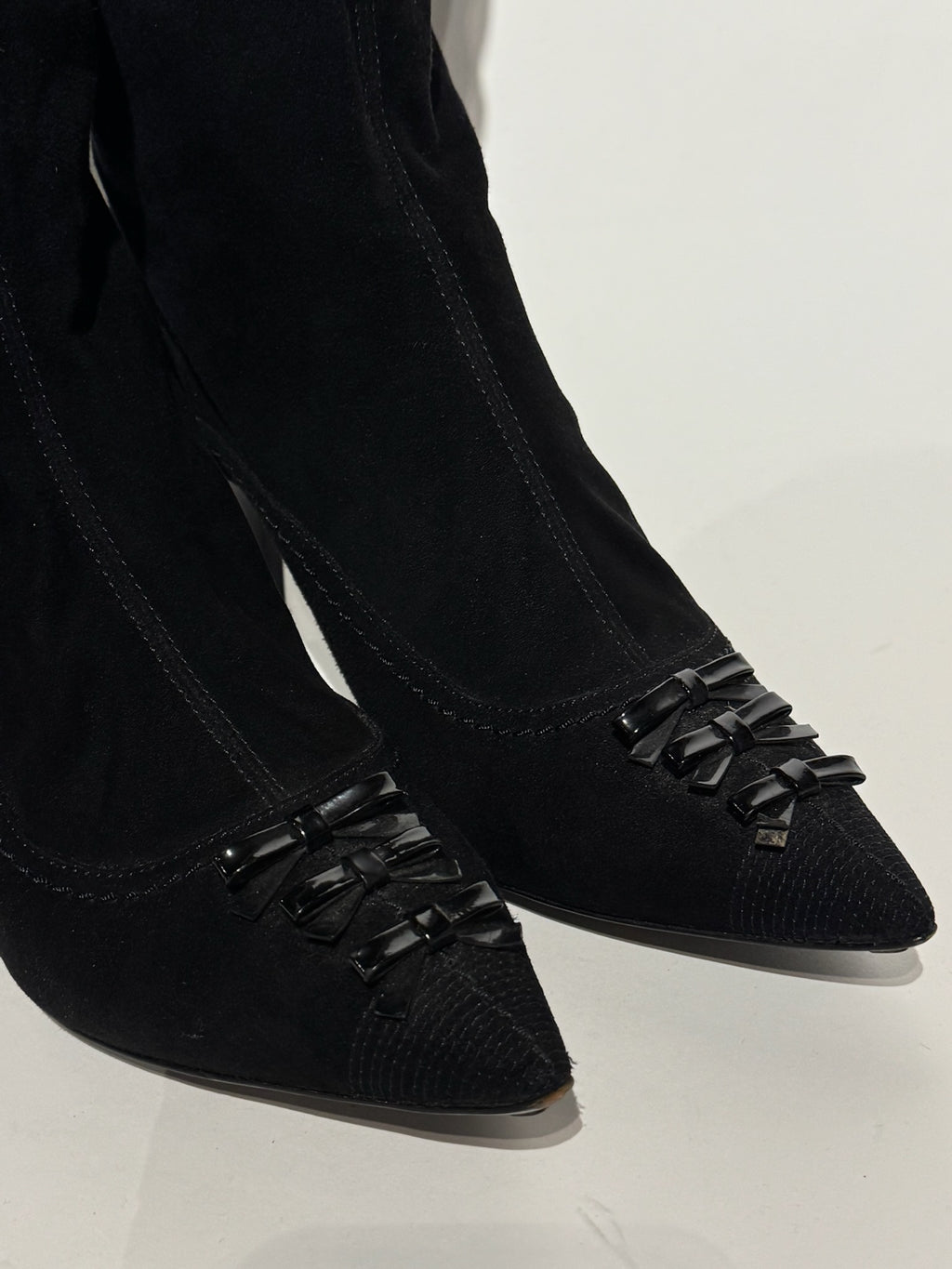 Louis Vuitton Black Suede with Bows Pointed Tall Boots Size 38
