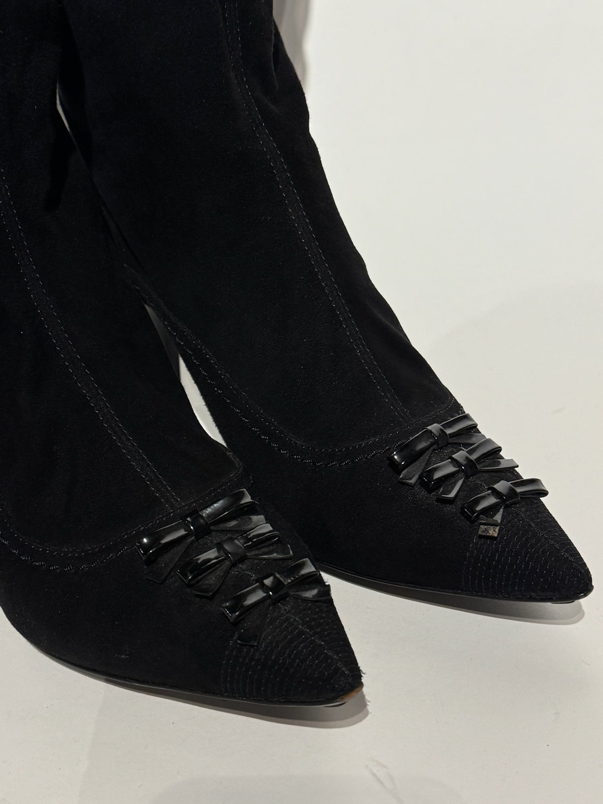 Louis Vuitton Black Suede with Bows Pointed Tall Boots Size 38