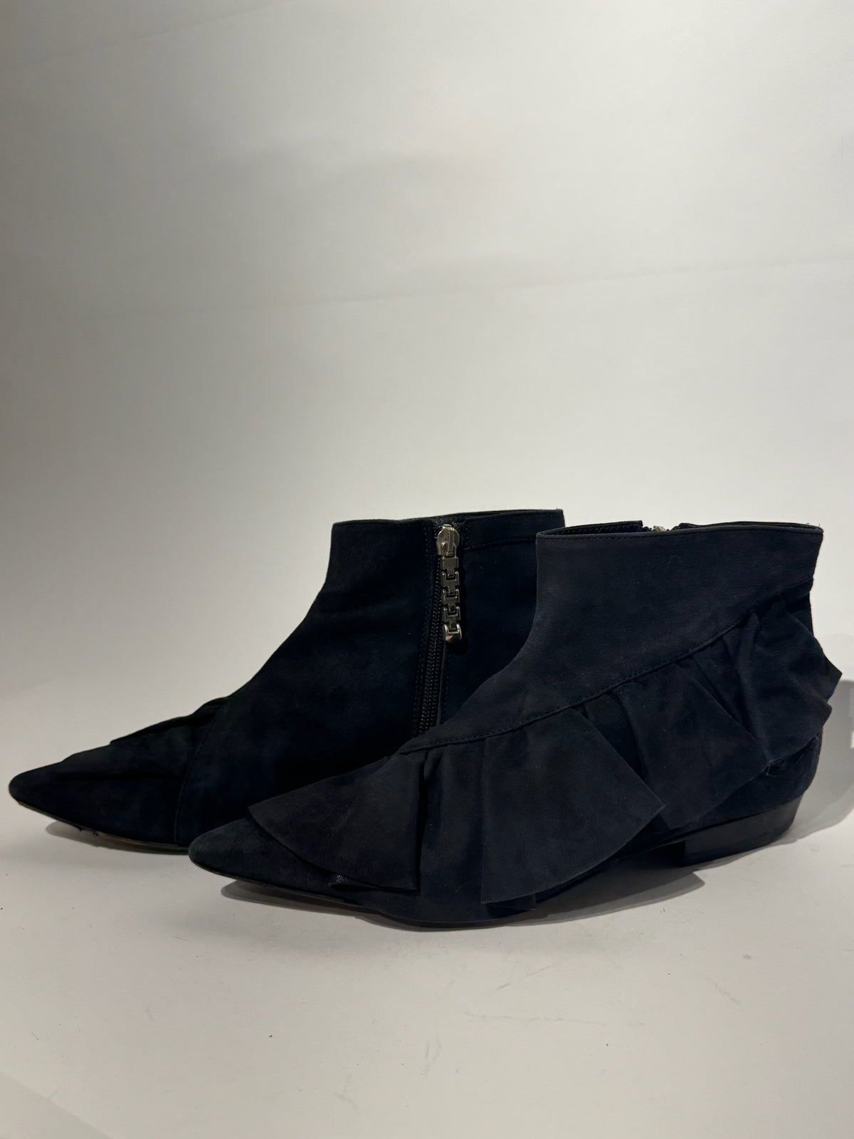 JW Anderson	Black Suede Ruffle Ankle Boots Size 38