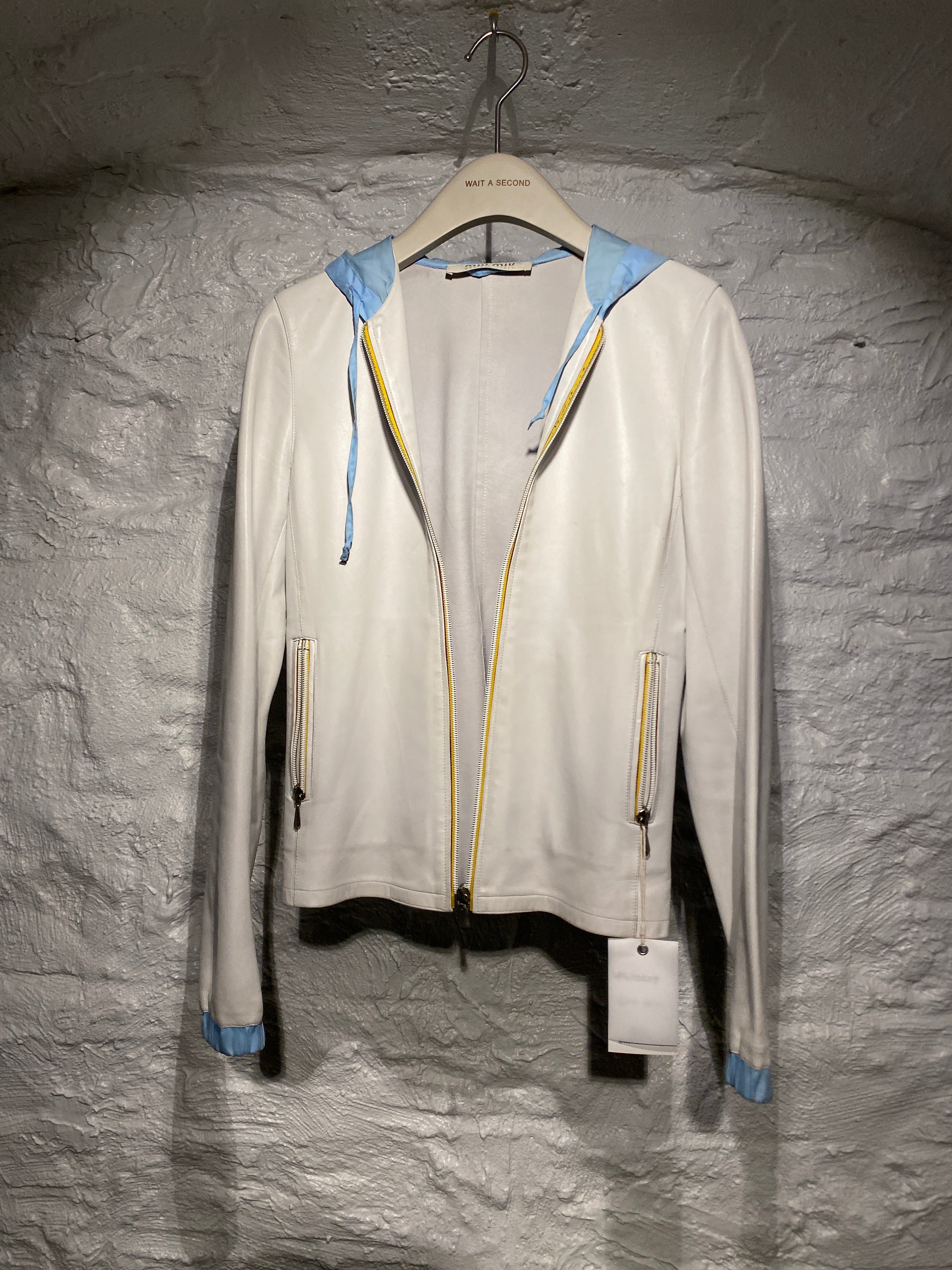 Miu Miu 2000s White Lambskin Leather with Blue Hood Zipper Jacket