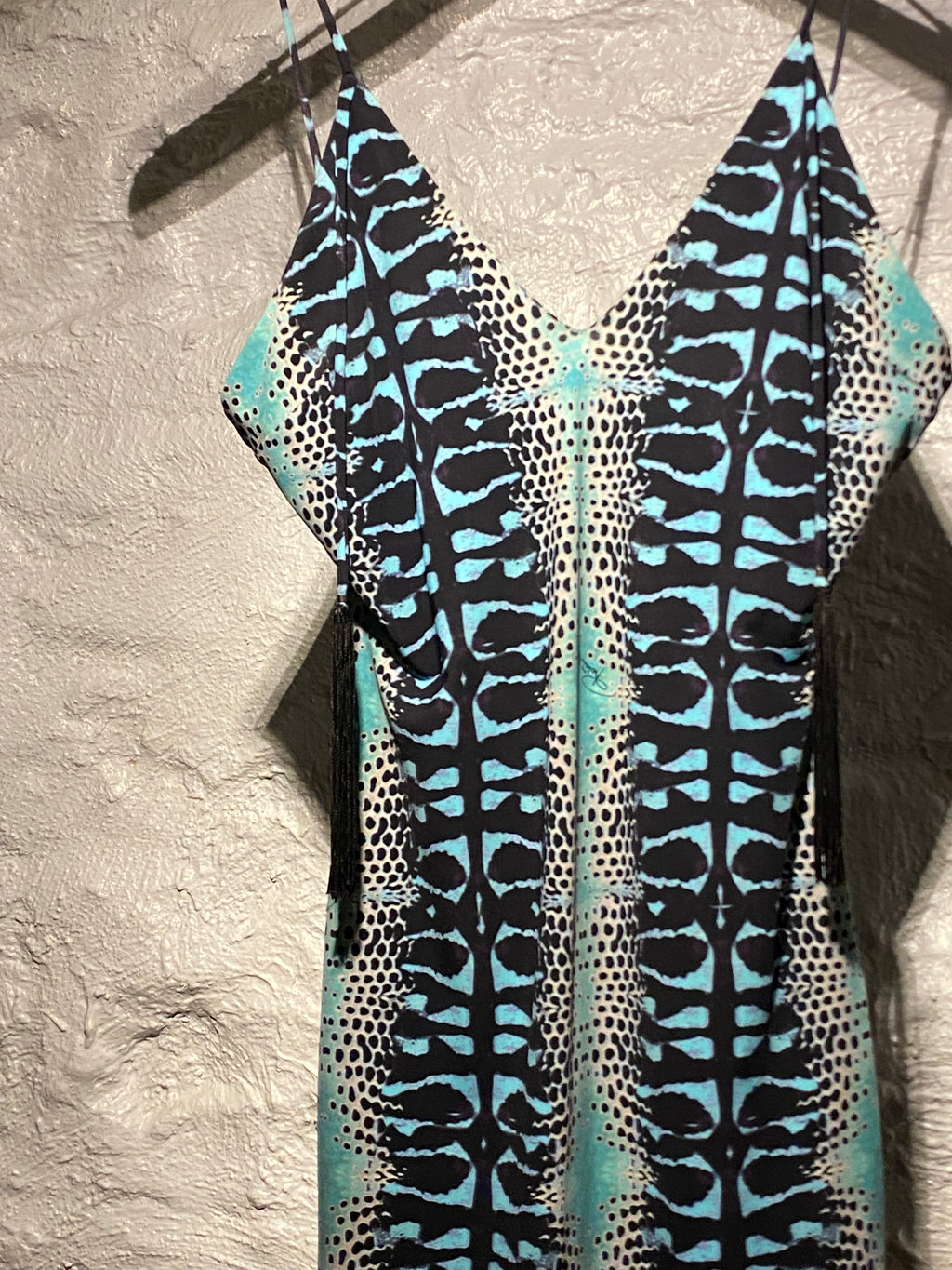 Roberto Cavalli Silk Blue Prints Tassel Strap Dress