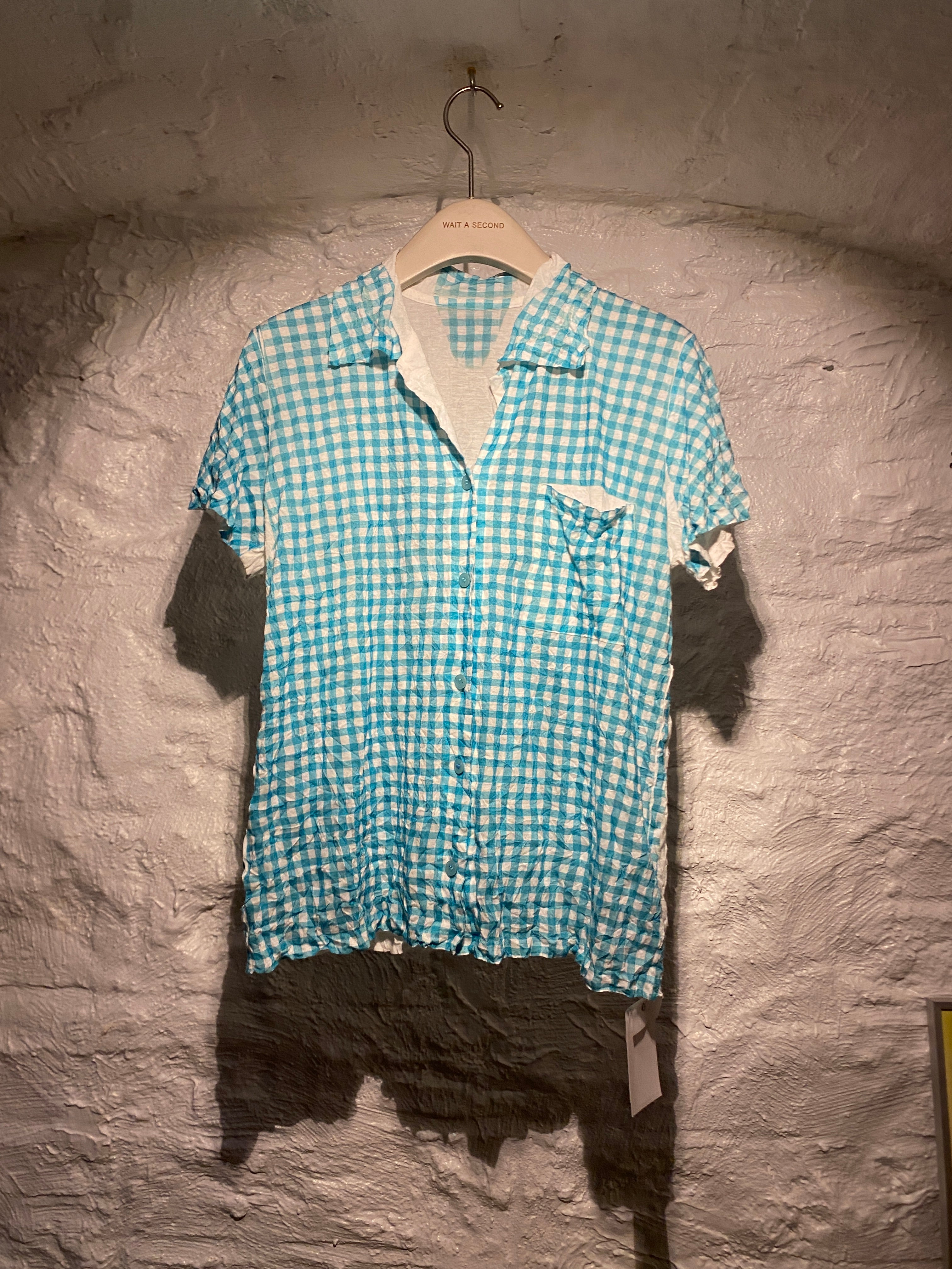 Issey Miyake Me White and Blue Plaid Short Sleeve Shirt