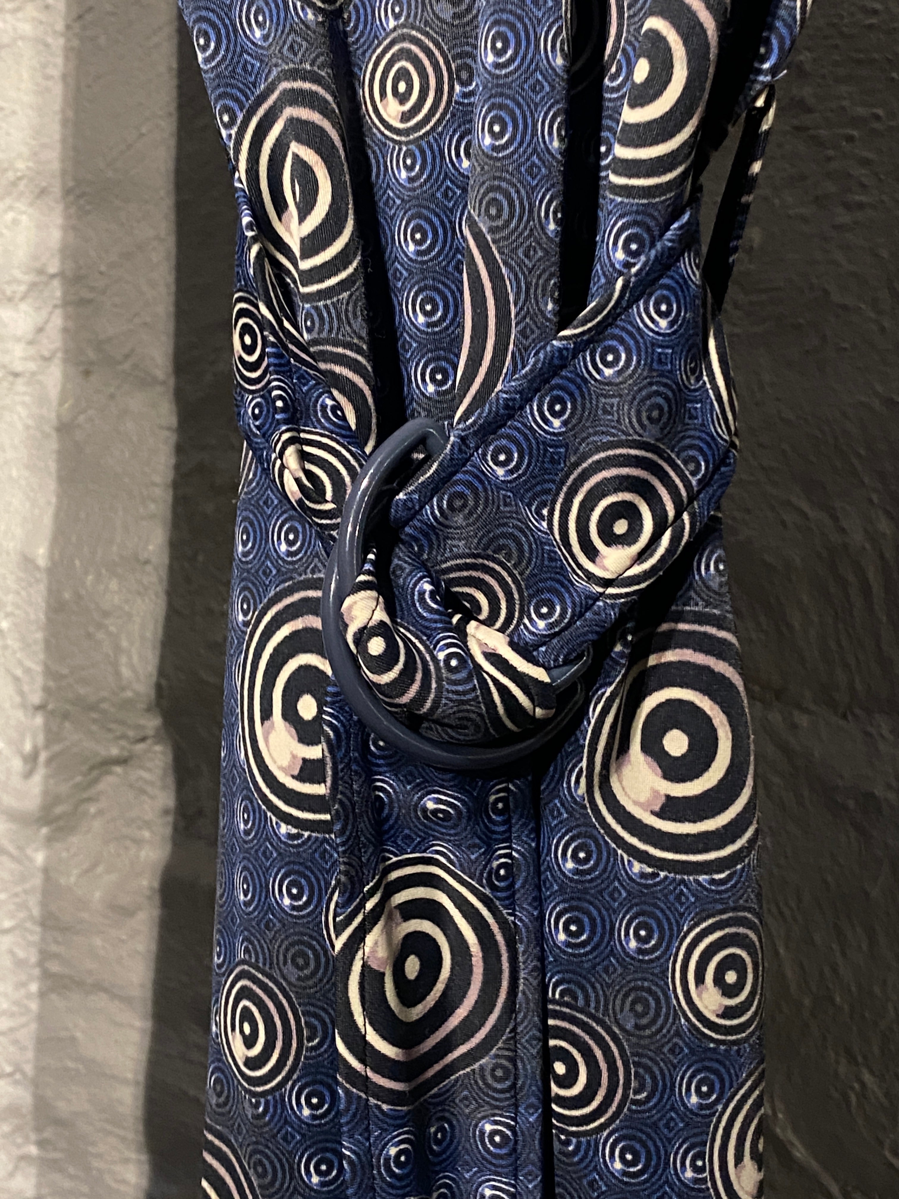 Jean Paul Gaultier 1996 Blue and Black Dots Spiral Print Belt Hood Dress