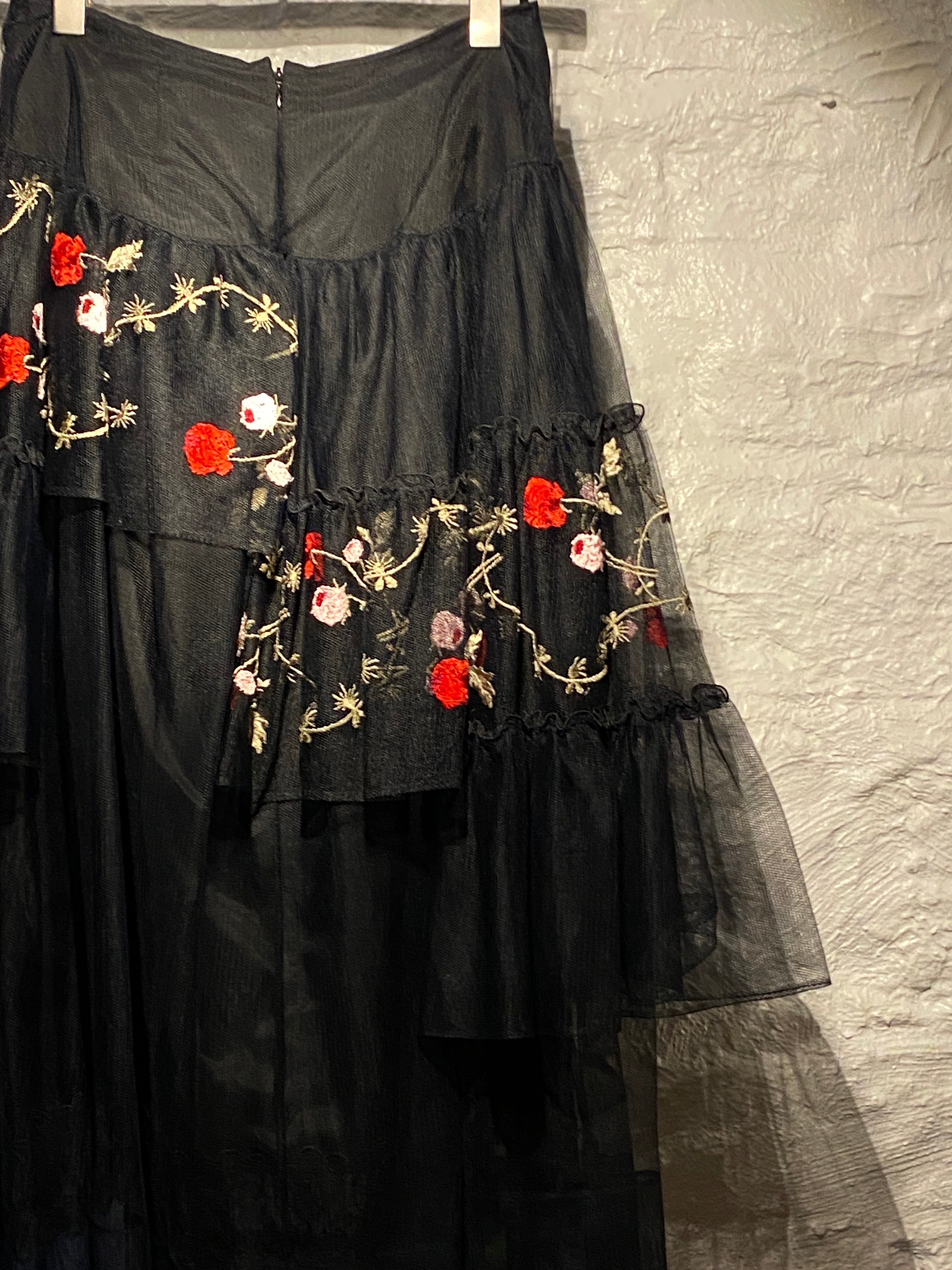 Simone Rocha Black Mesh Layered Floral Embroidered Maxi Skirt