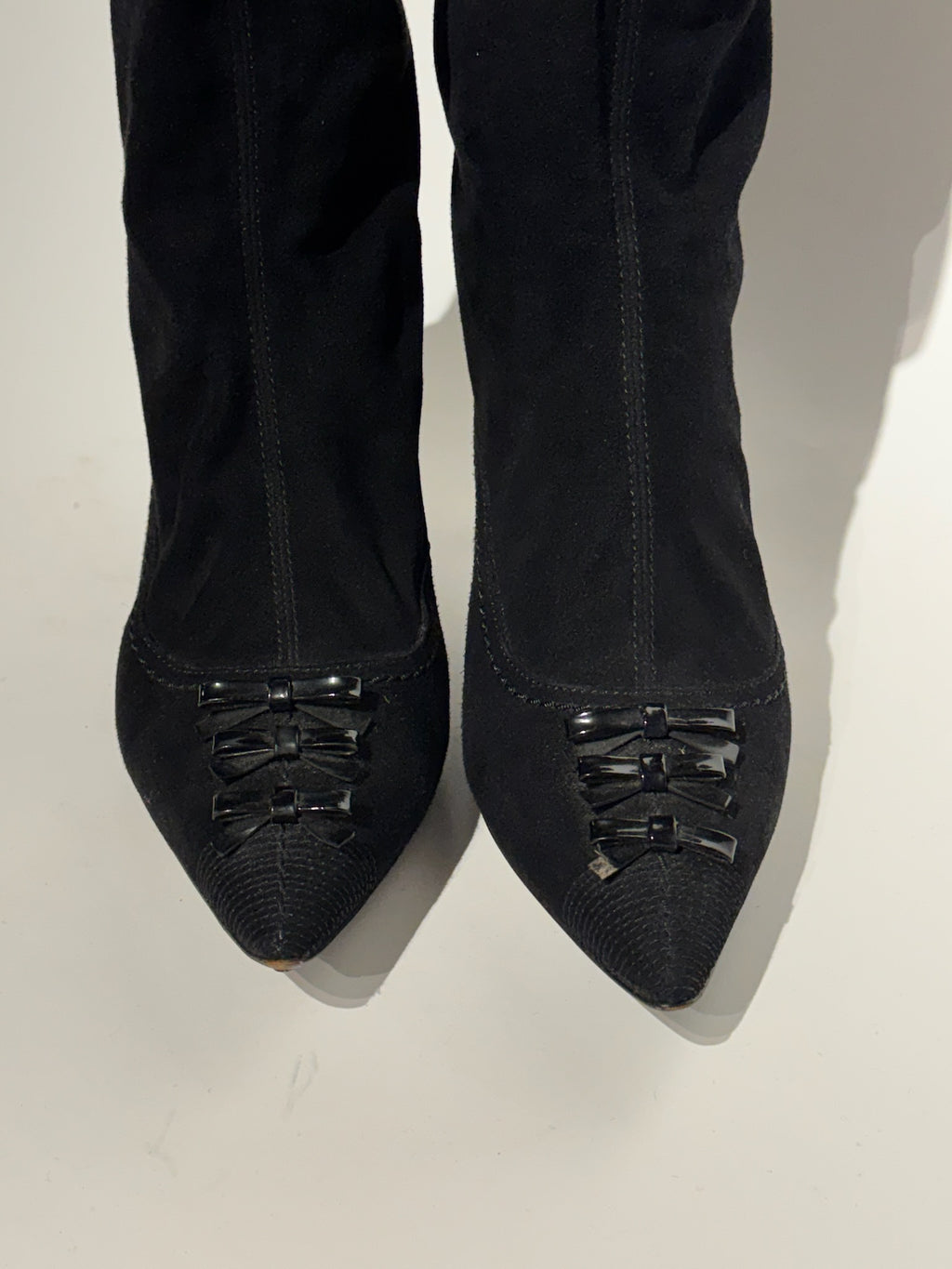 Louis Vuitton Black Suede with Bows Pointed Tall Boots Size 38