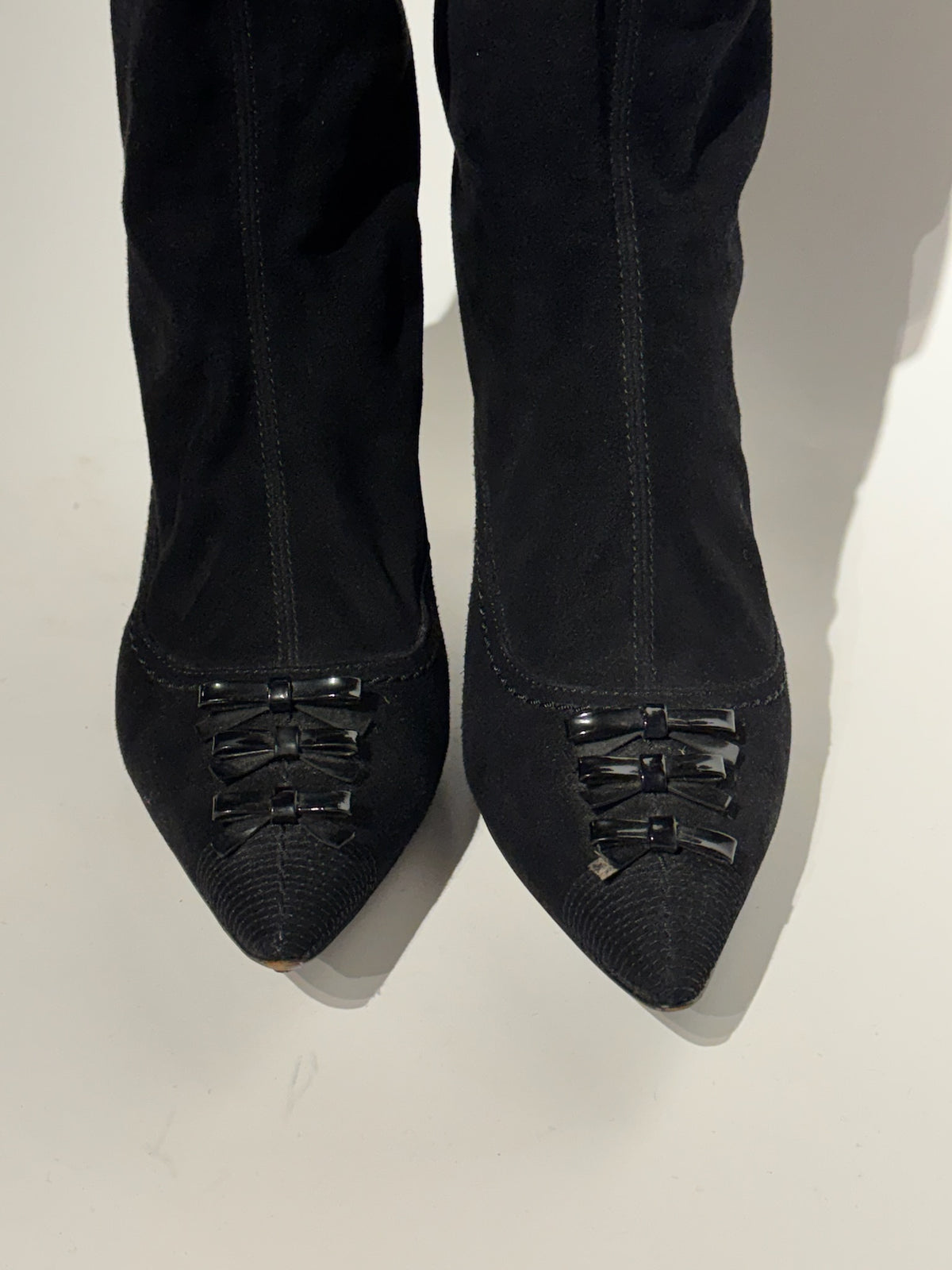 Louis Vuitton Black Suede with Bows Pointed Tall Boots Size 38