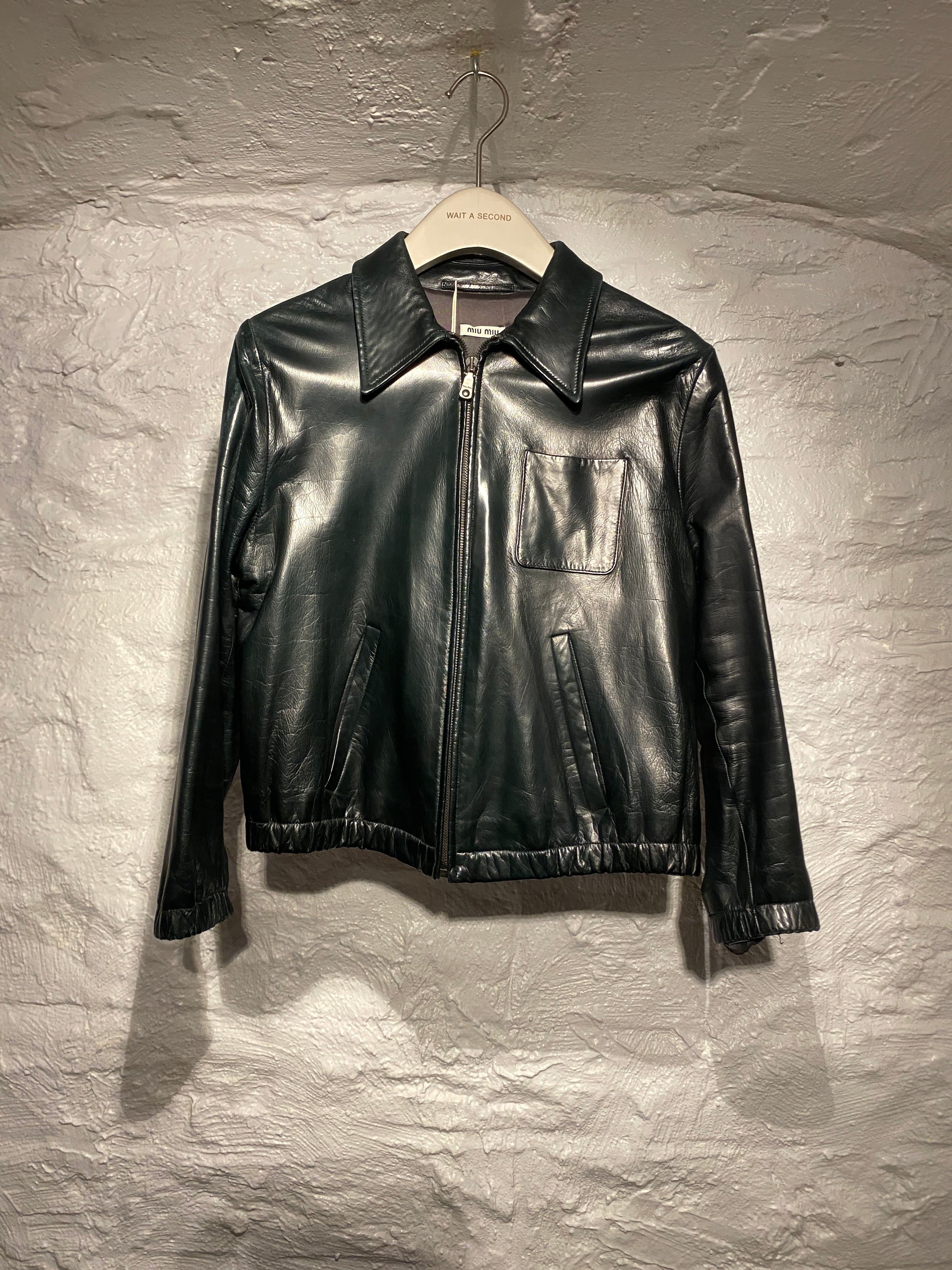 Miu Miu Forest Green Lambskin Soft Leather Slim Jacket