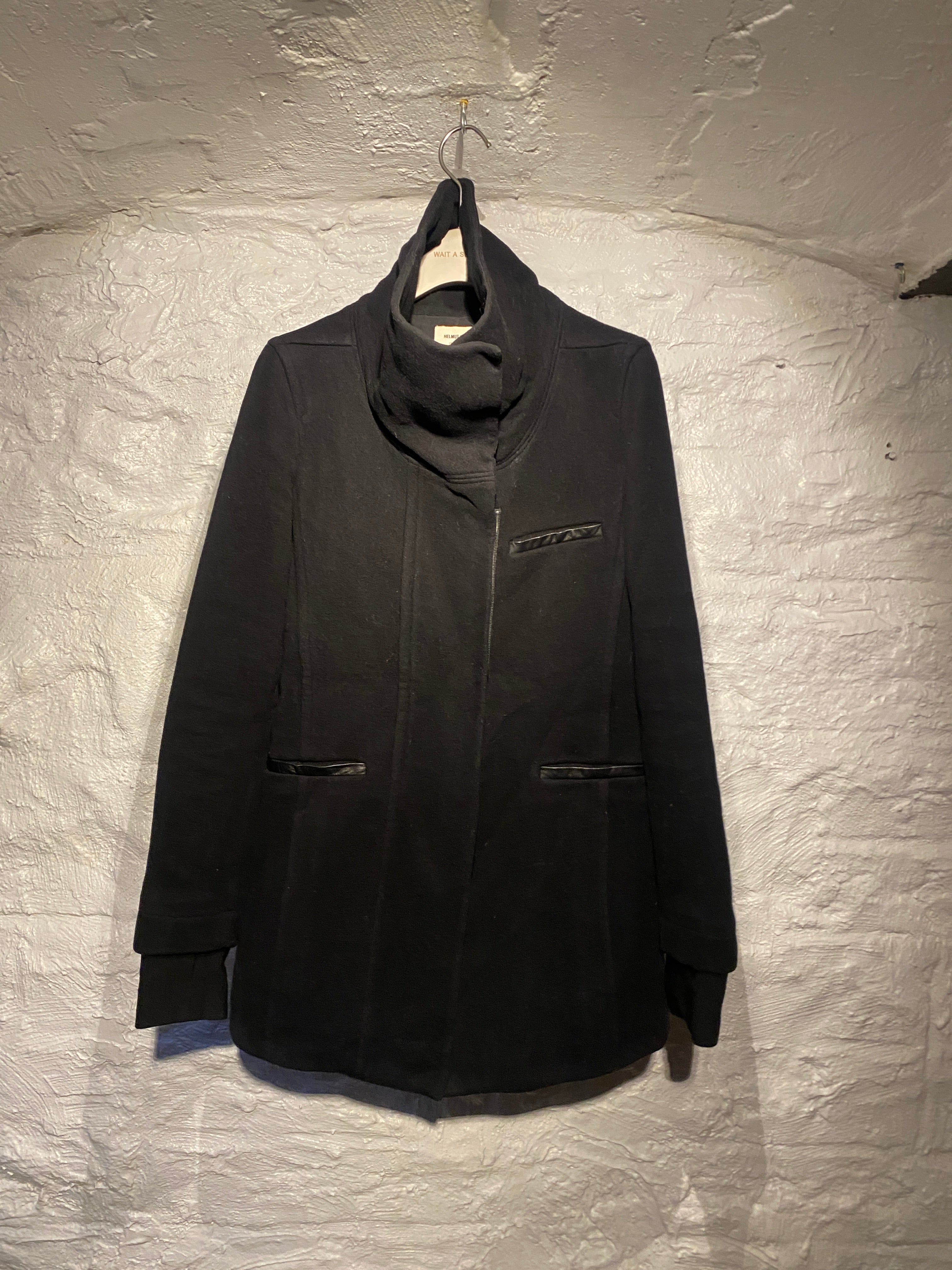 Helmut Lang Archive Black Wool with Leather Embellished Zipper Coat