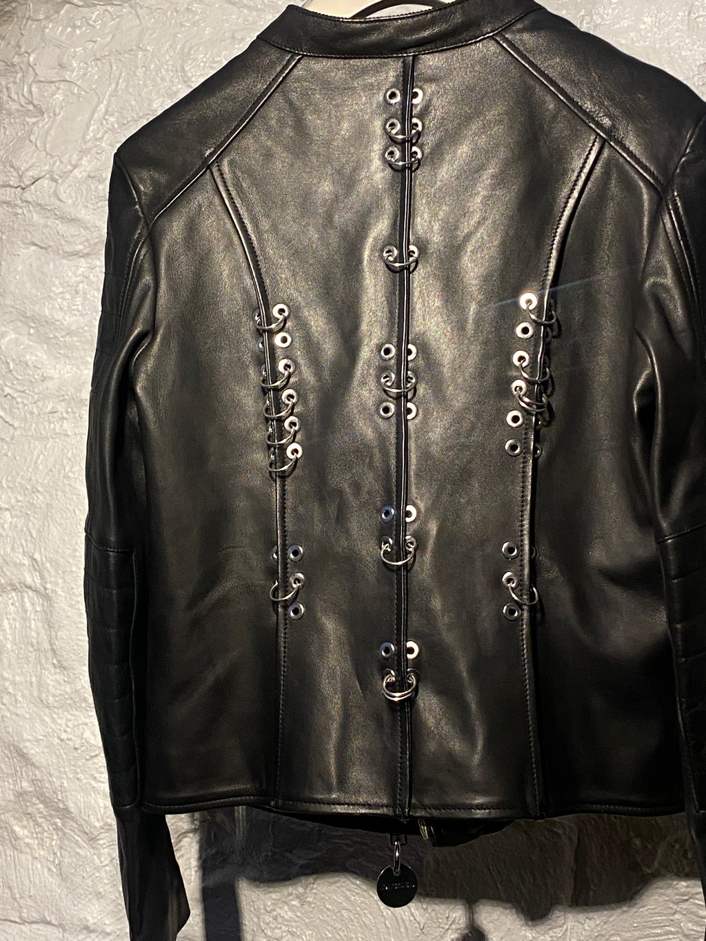 Diesel Black Lambskin Leather Zipper Jacket with Metal Rings in Back
