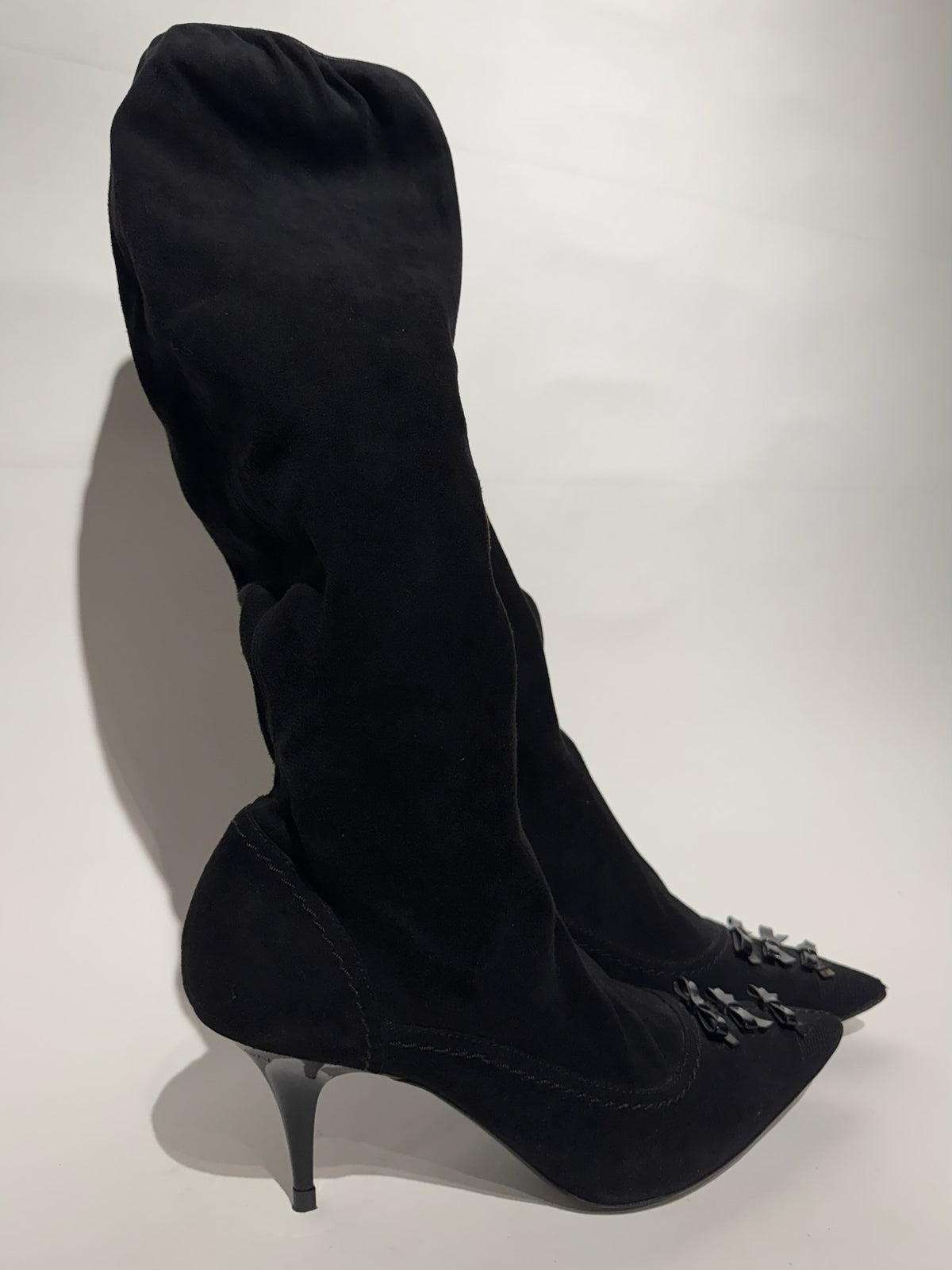 Louis Vuitton Black Suede with Bows Pointed Tall Boots Size 38