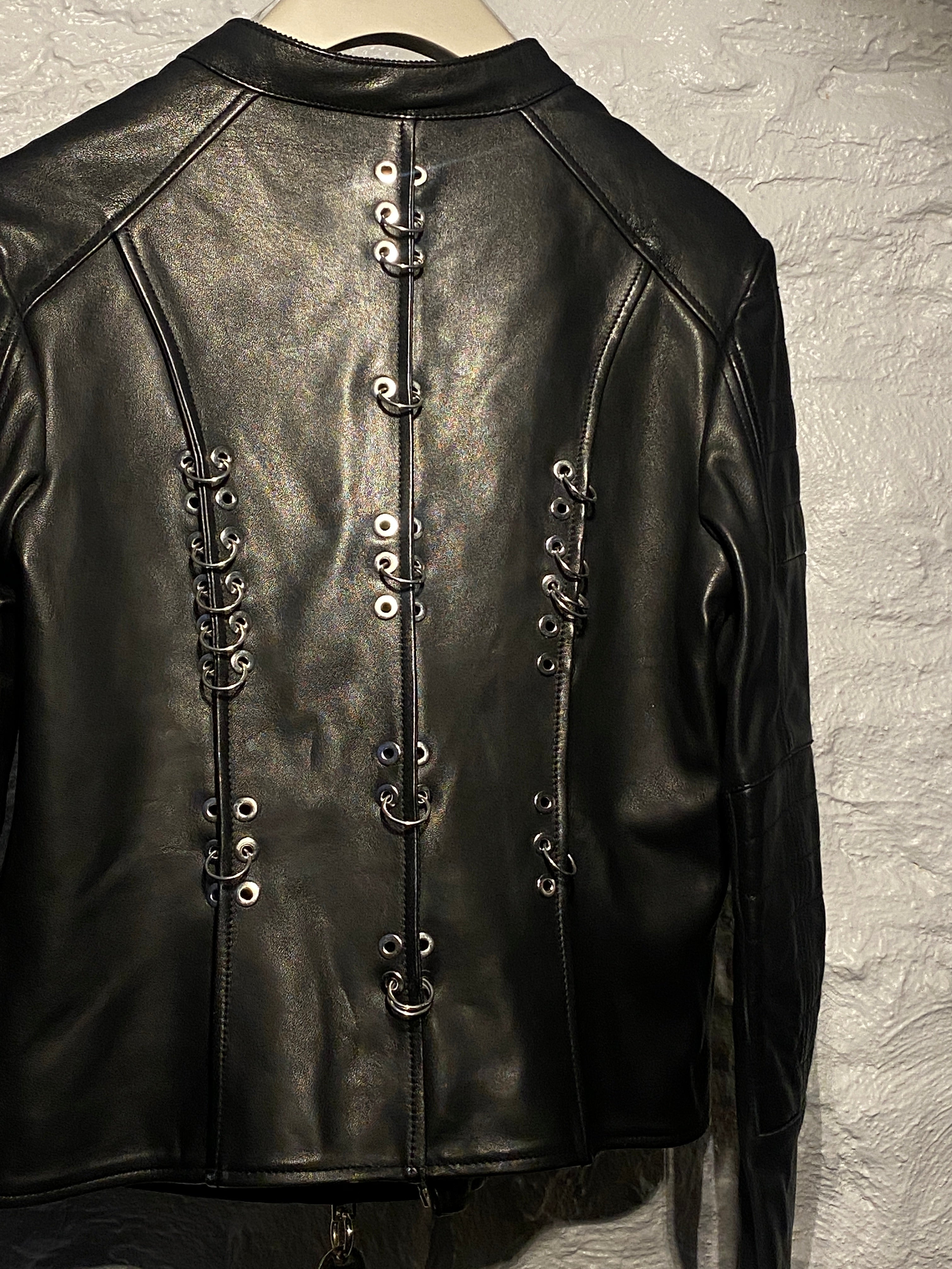 Diesel Black Lambskin Leather Zipper Jacket with Metal Rings in Back