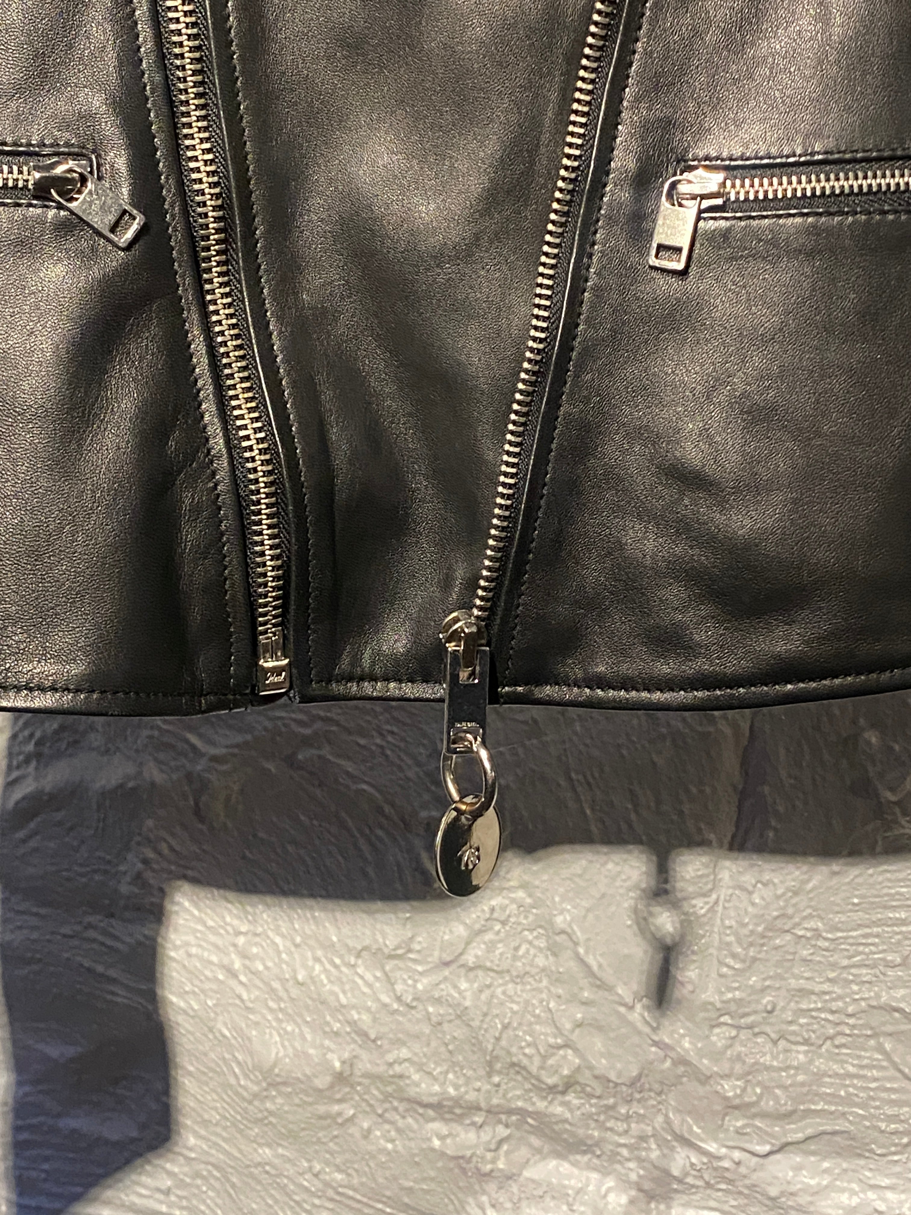 Diesel Black Lambskin Leather Zipper Jacket with Metal Rings in Back