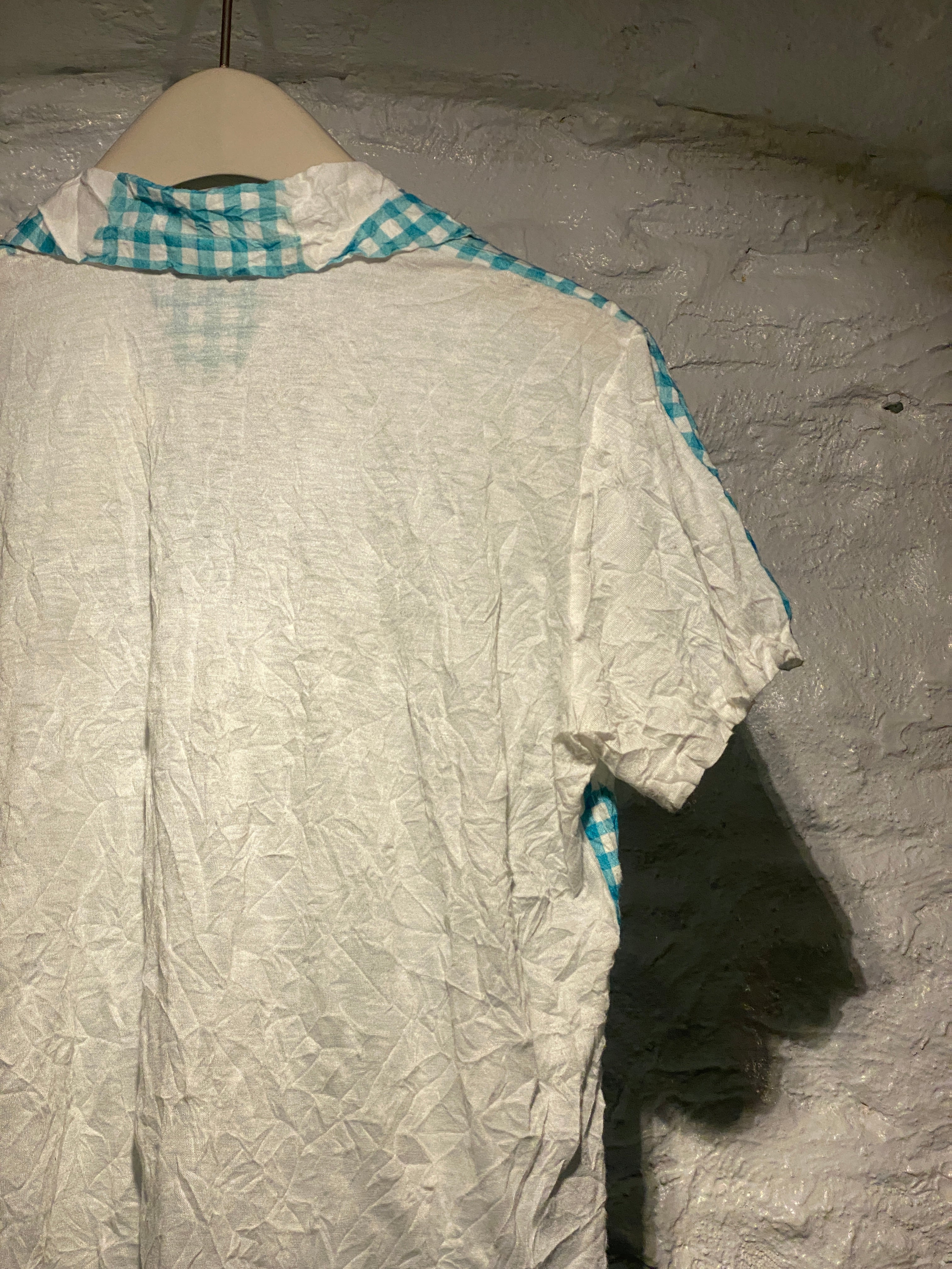Issey Miyake Me White and Blue Plaid Short Sleeve Shirt