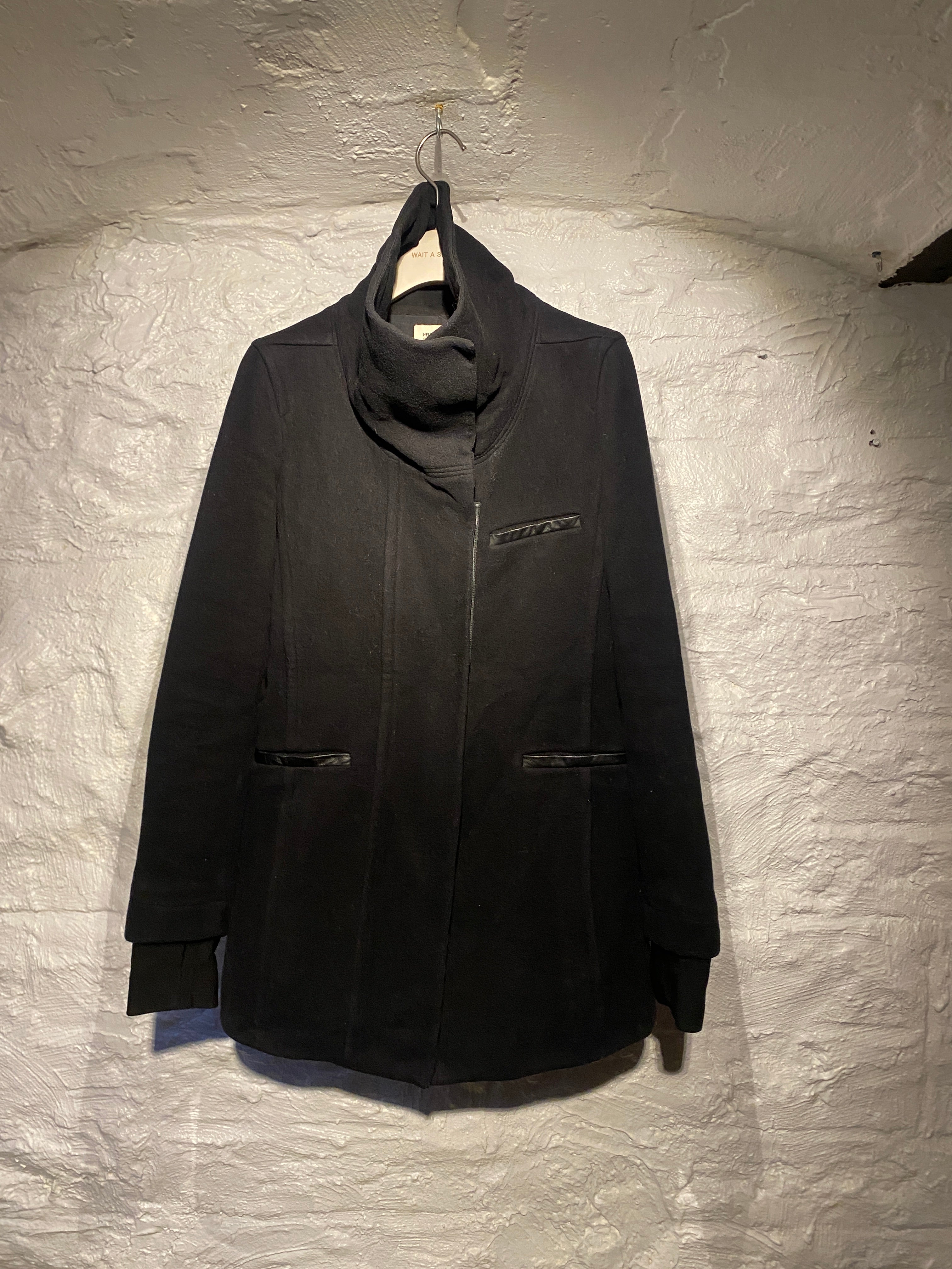 Helmut Lang Archive Black Wool with Leather Embellished Zipper Coat