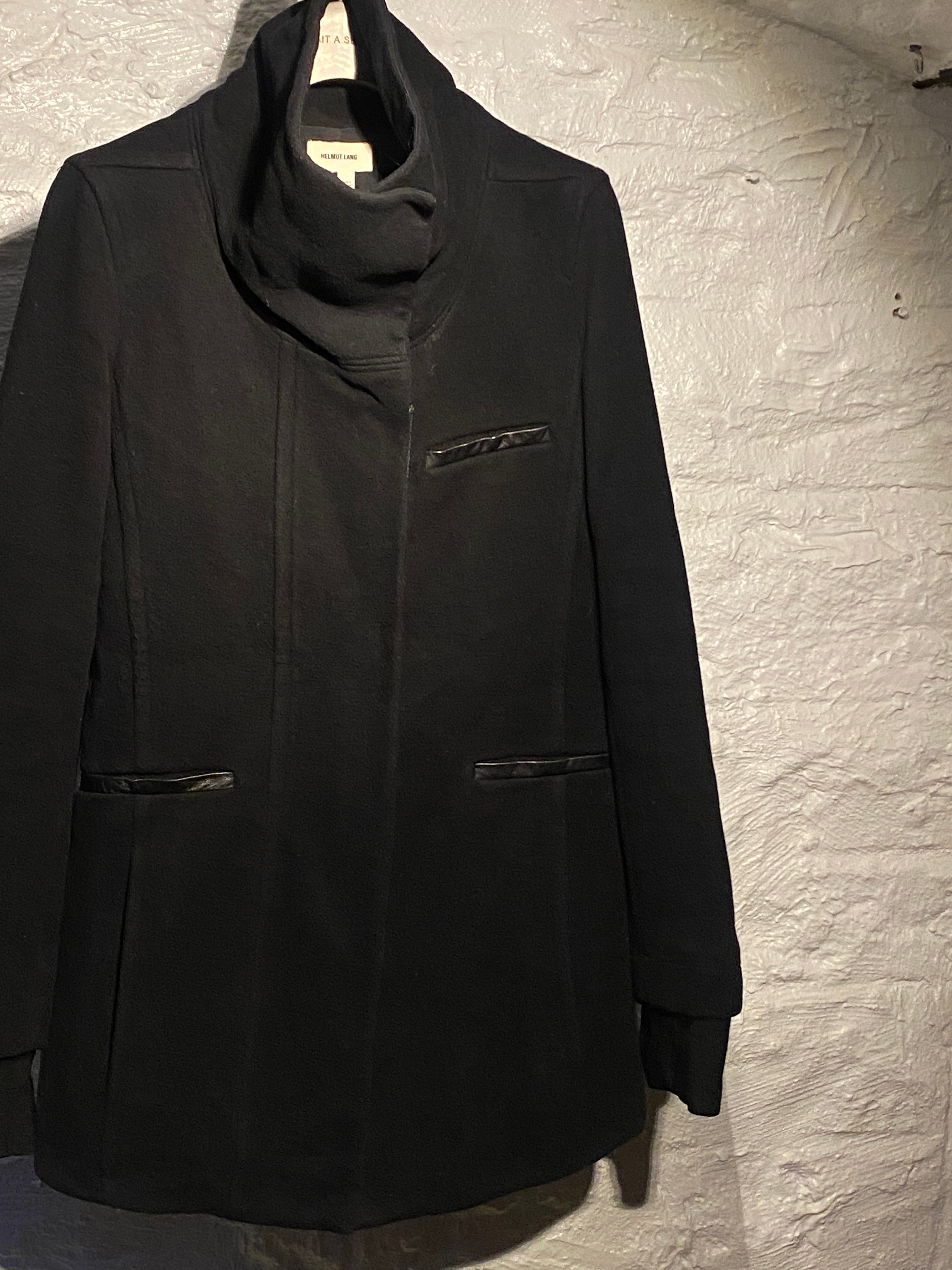 Helmut Lang Archive Black Wool with Leather Embellished Zipper Coat