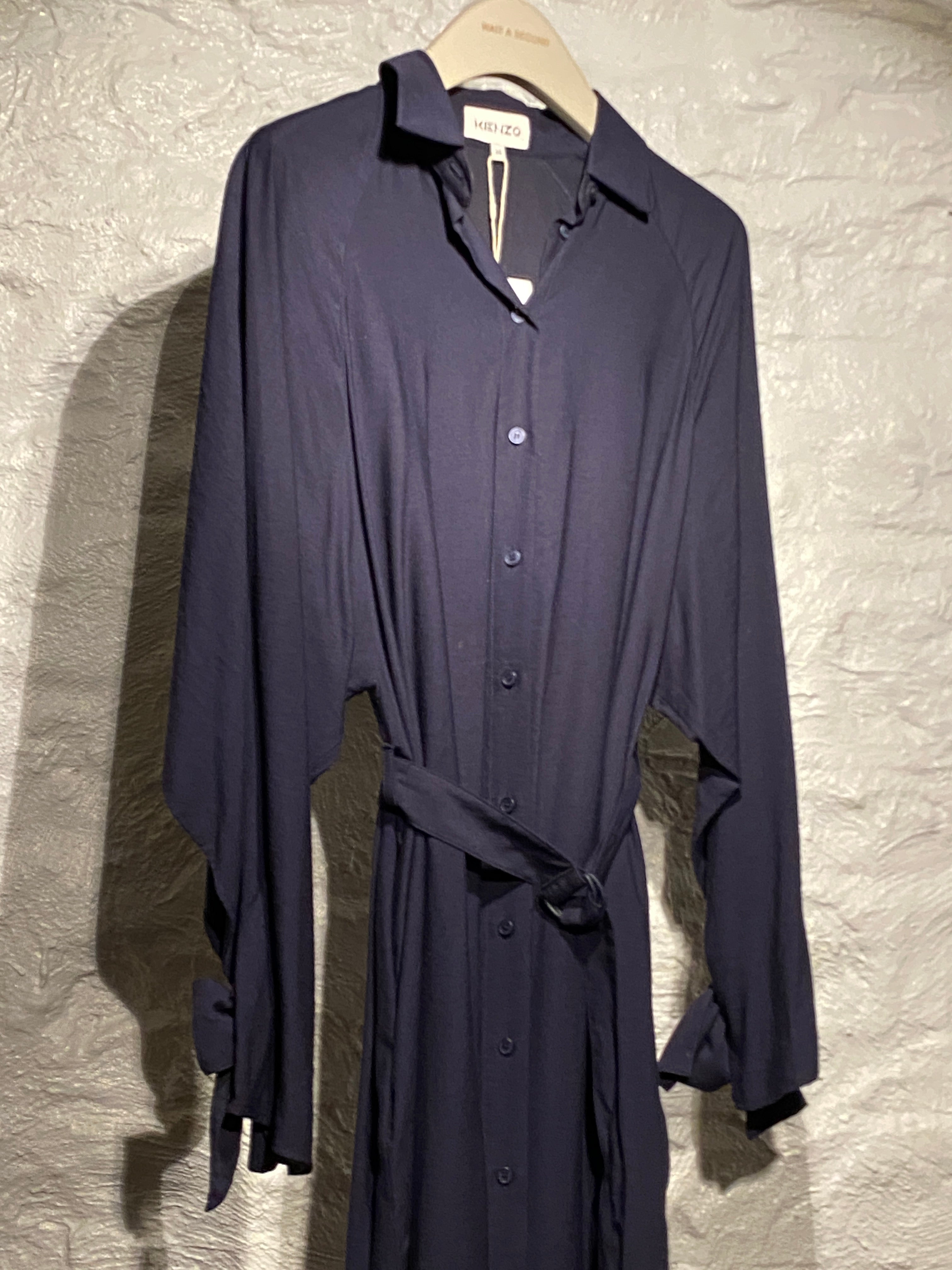 Kenzo Dark Navy Black Button-Down Shirt Dress with Belt