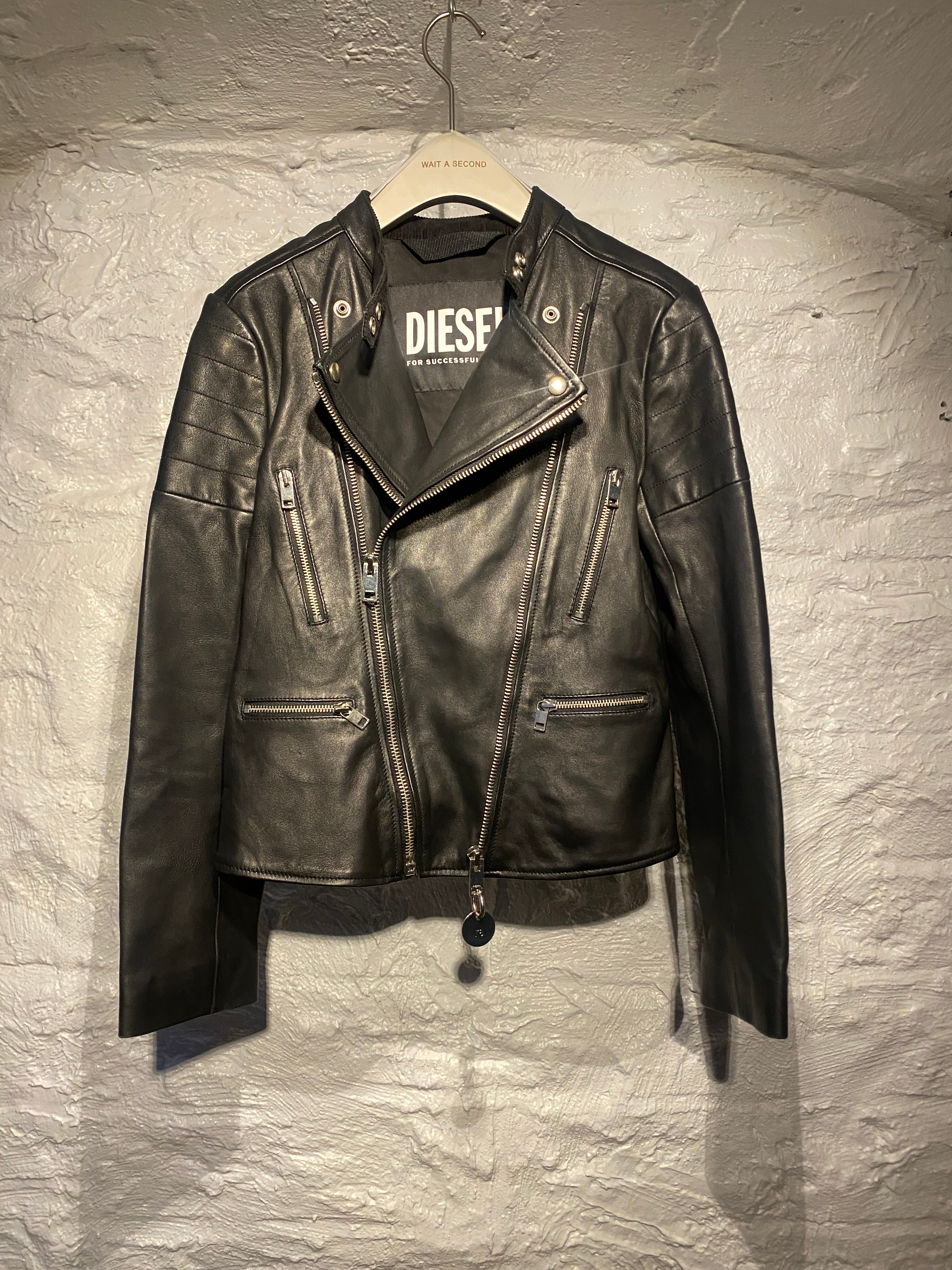 Diesel Black Lambskin Leather Zipper Jacket with Metal Rings in Back